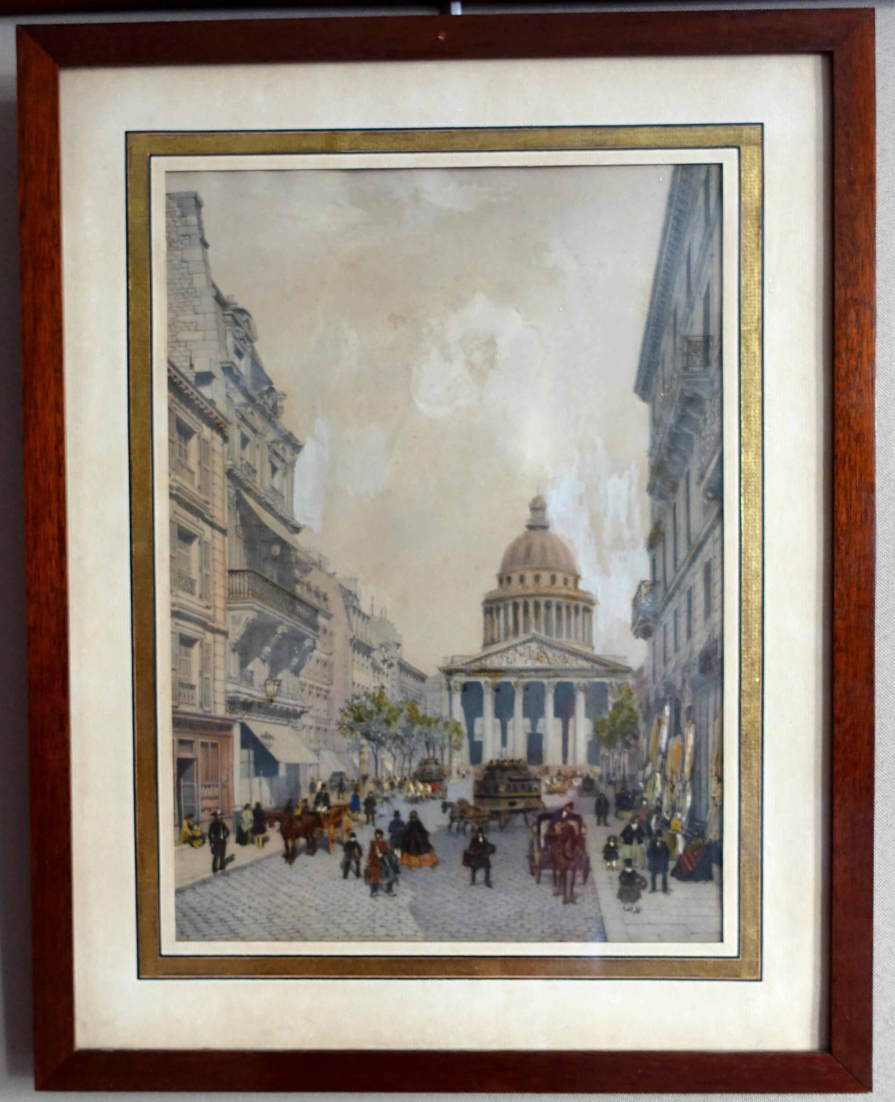 A fine hand-colored etching showing the Panthéon in Paris in 1860 : a picturesque and charming depiction of mid-19th century upper class life there, with a lot of characters, stores and horse carts.
It is set into a solid mahogany frame with a