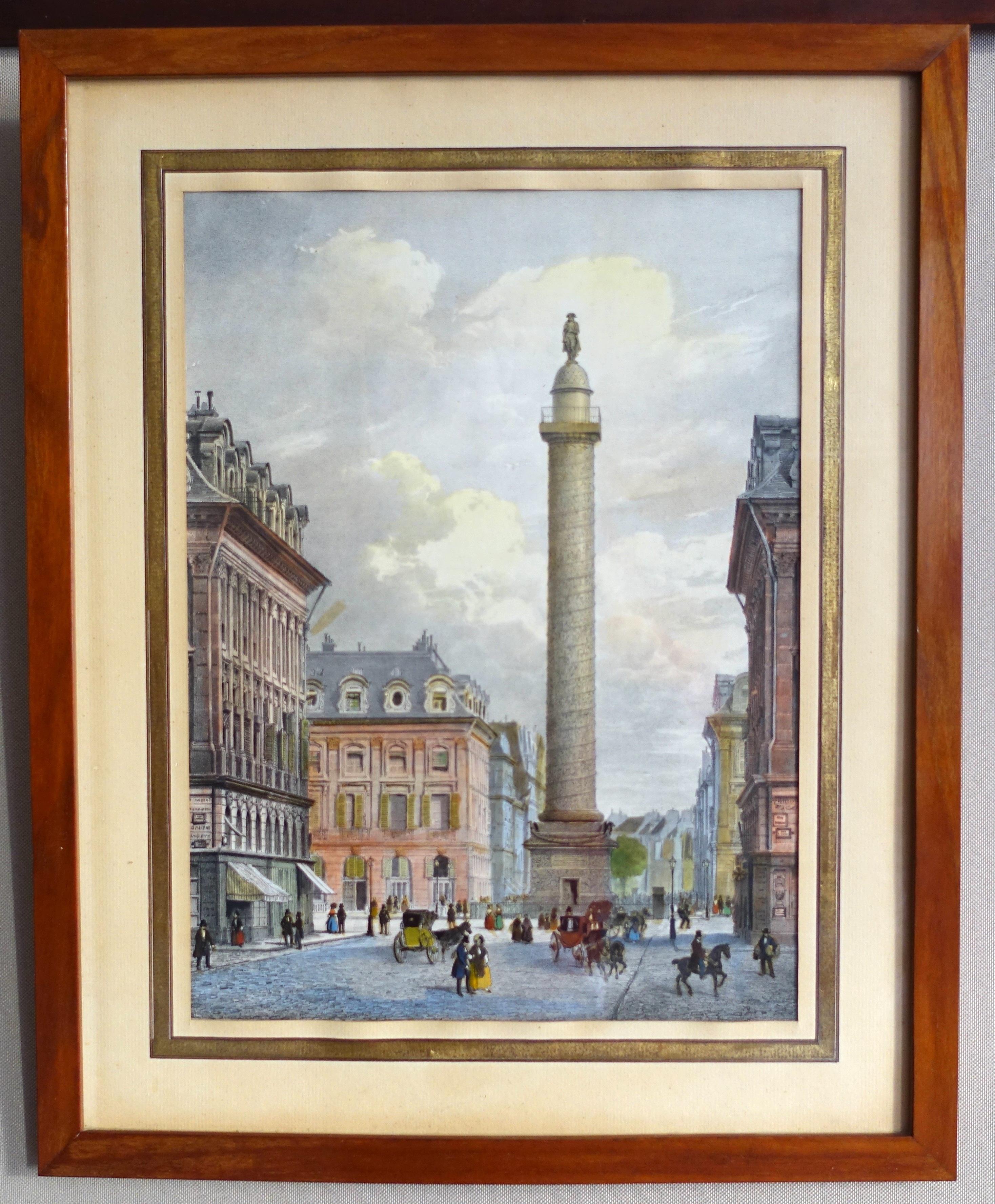 A fine hand-colored etching showing place Vendôme in Paris in 1860 : a picturesque and charming depiction of mid-19th century upper class life there, with a lot of characters, stores and horse carts.
It is set into a solid mahogany frame with a