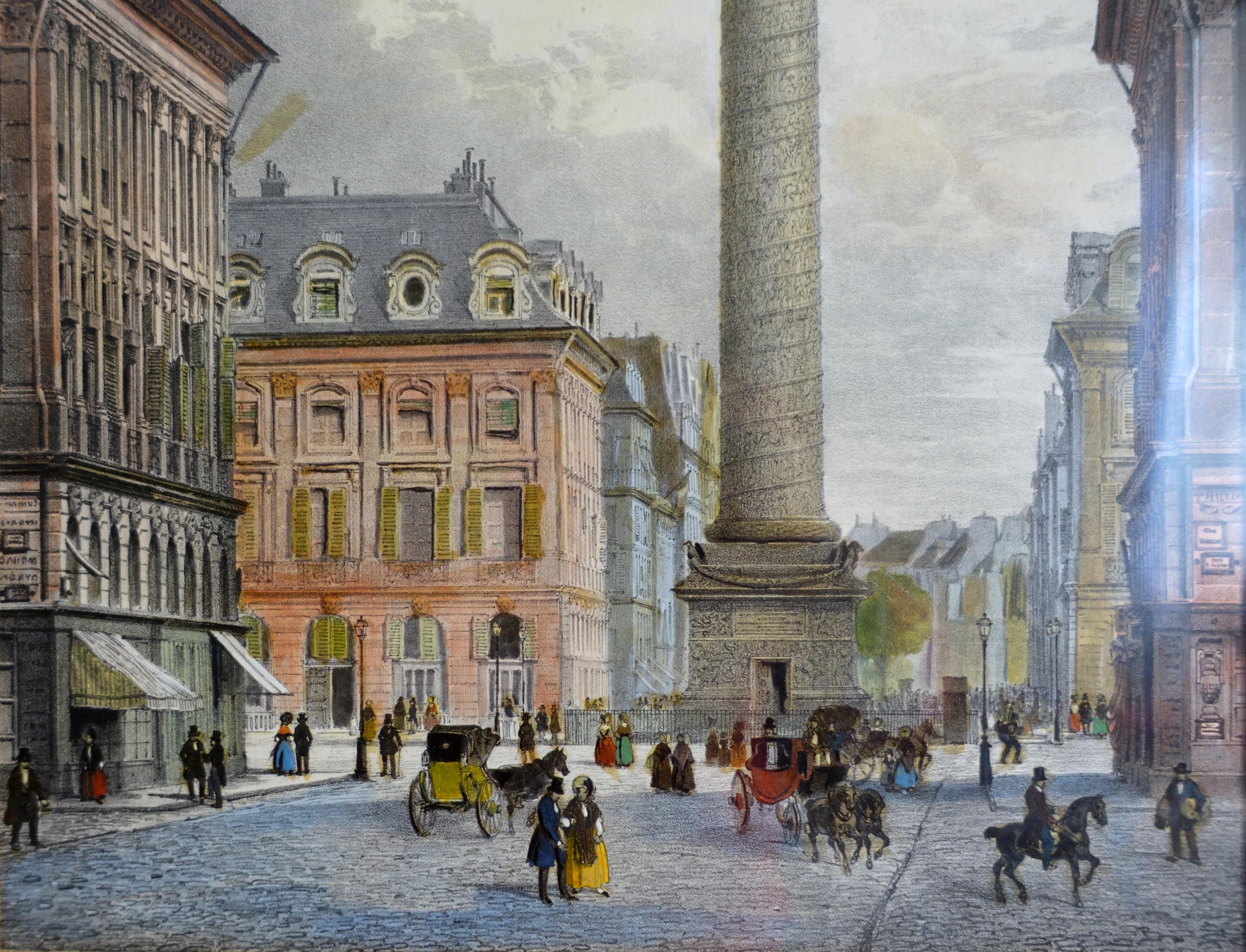 Hand colored etching : view of Paris, place Vendôme - Napoléon III period - 1860 (Französisch) im Angebot