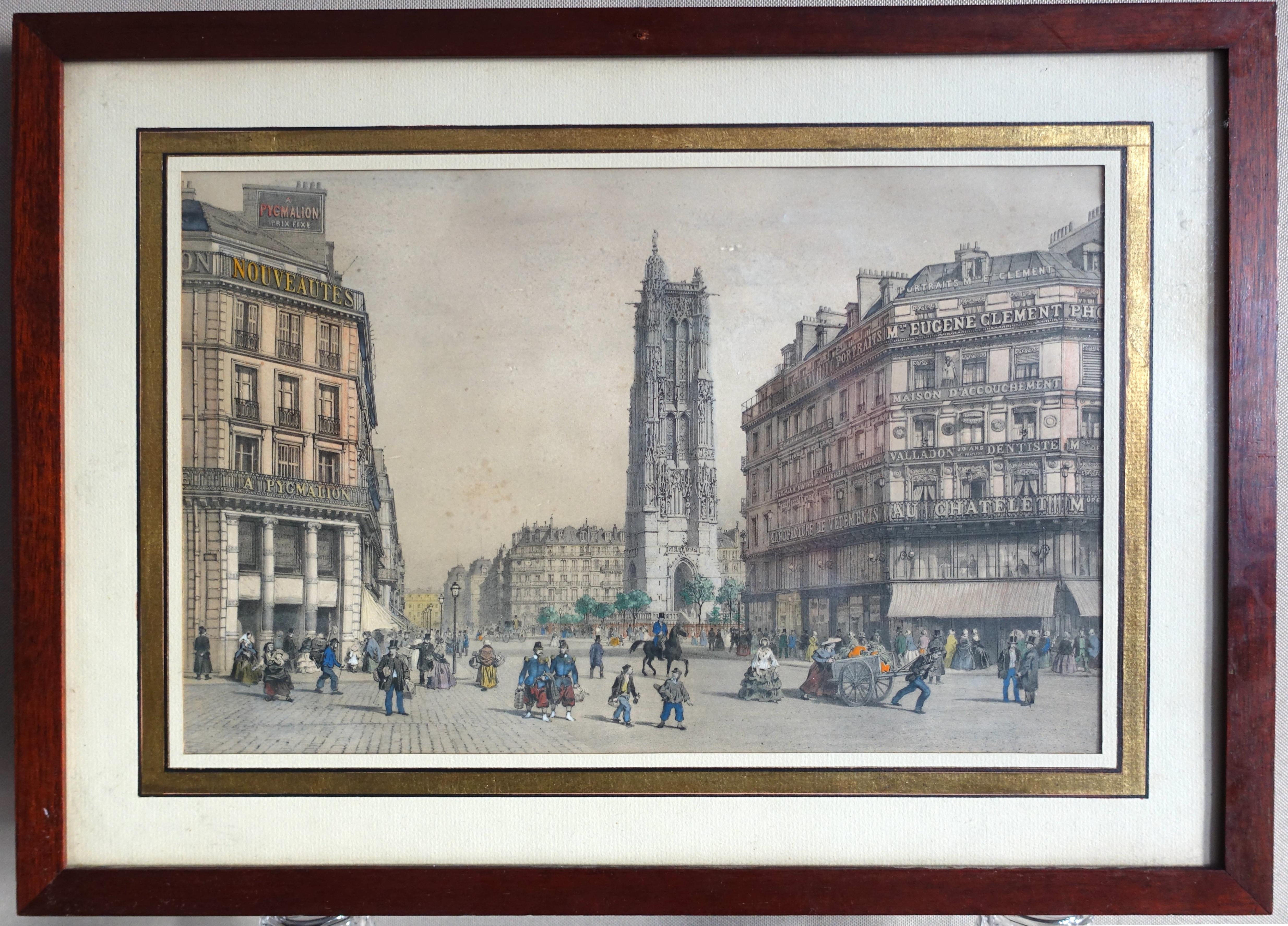 A fine hand-colored etching showing Saint Jacques Tower (La Tour Saint Jacques in Paris) - Paris, in 1860 : a picturesque and charming depiction of mid-19th century with a lot of characters and stores.
It is set into a solid mahogany frame with a