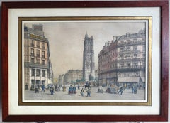 Hand colored etching : view of Paris, St Jacques Tower - Napoléon III period
