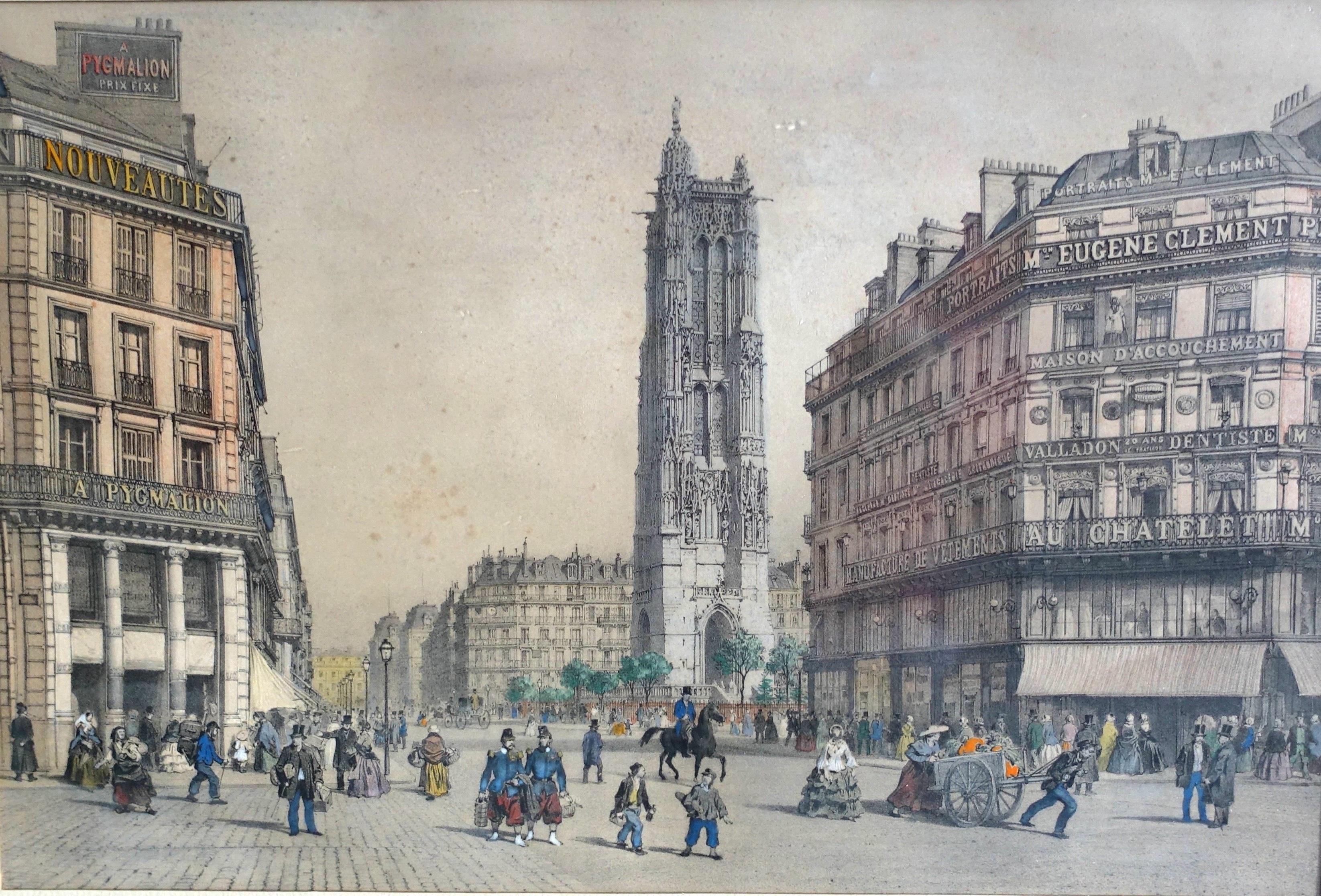 Napoleon III Hand colored etching : view of Paris, St Jacques Tower - Napoléon III period For Sale