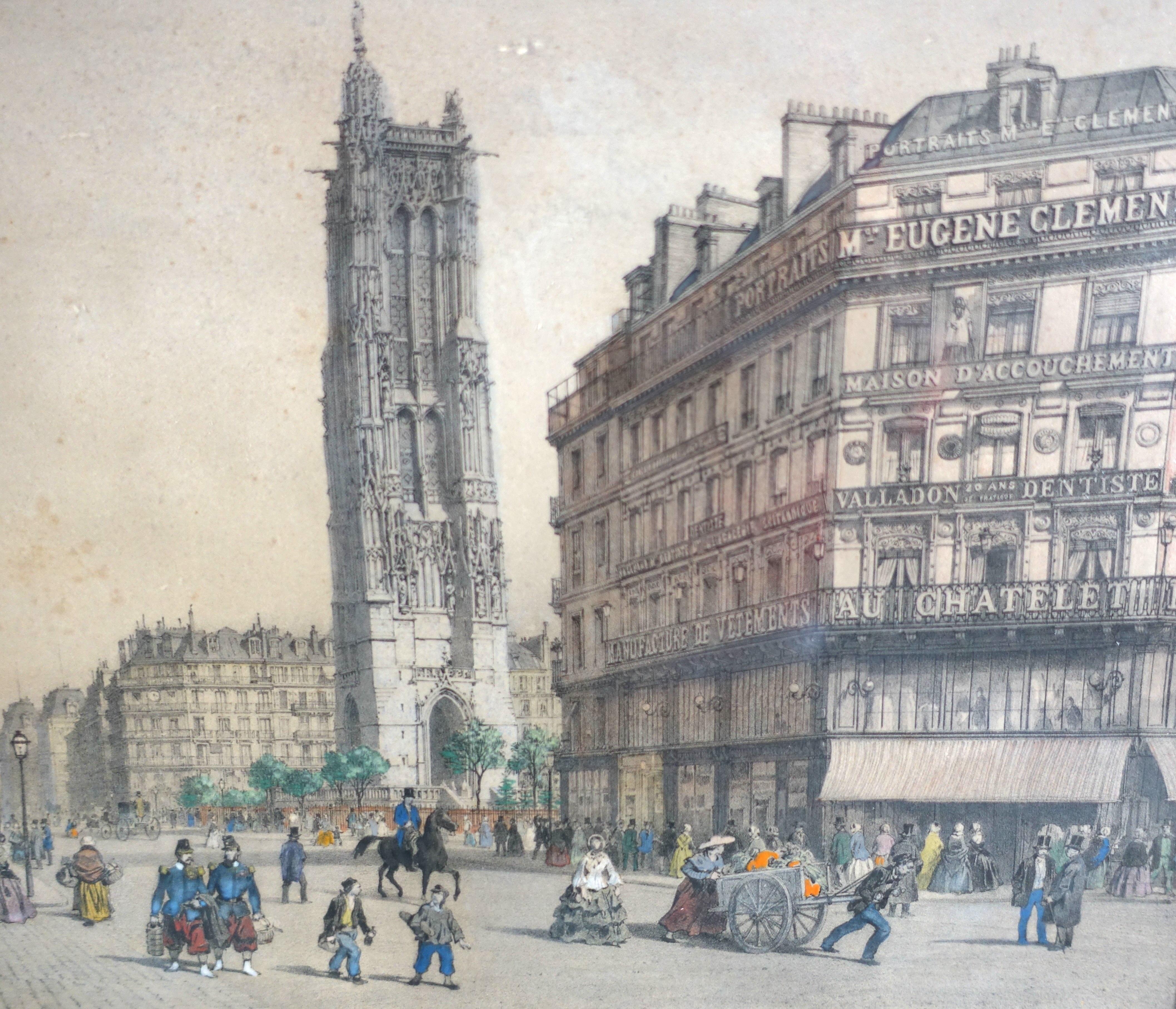 Etched Hand colored etching : view of Paris, St Jacques Tower - Napoléon III period For Sale