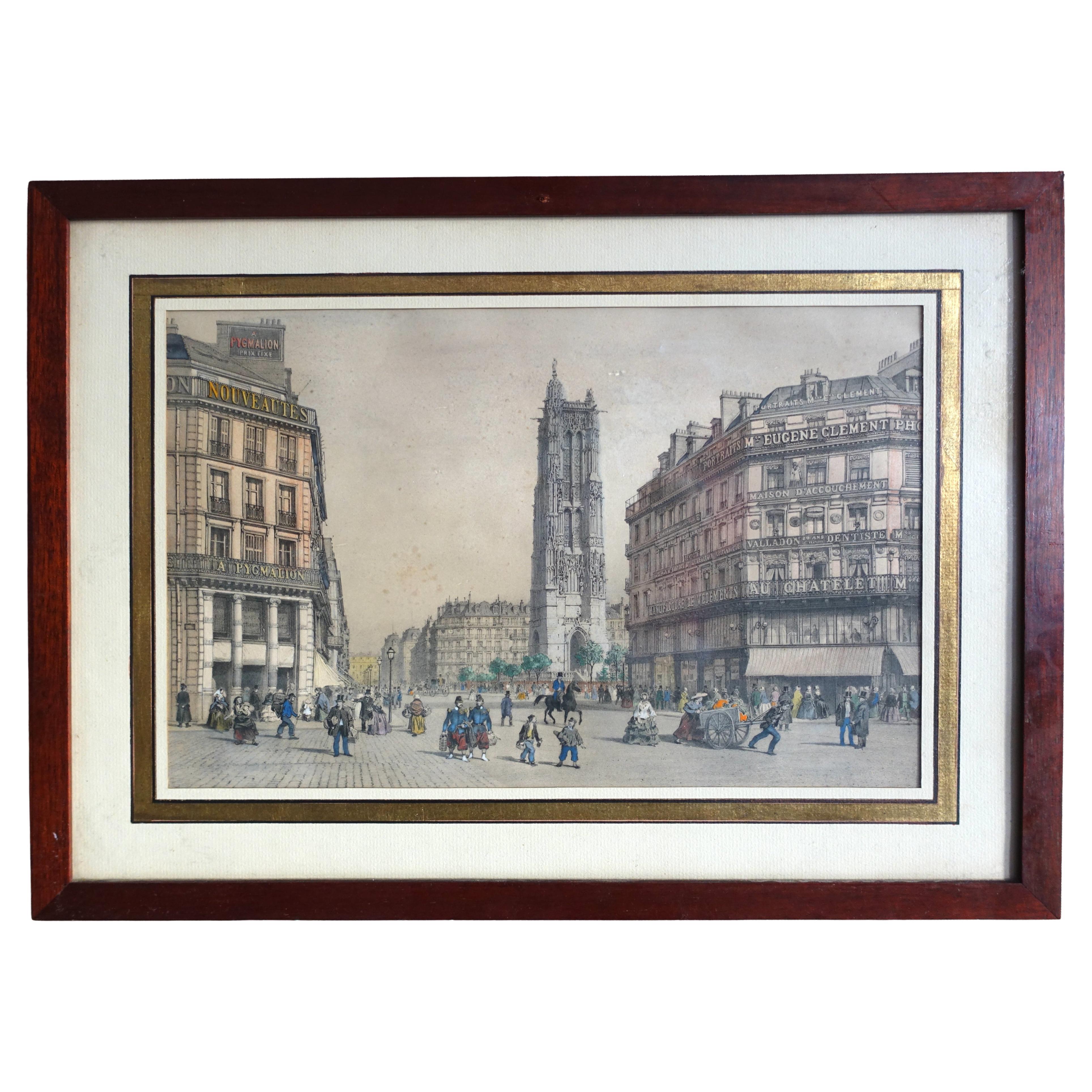Hand colored etching : view of Paris, St Jacques Tower - Napoléon III period