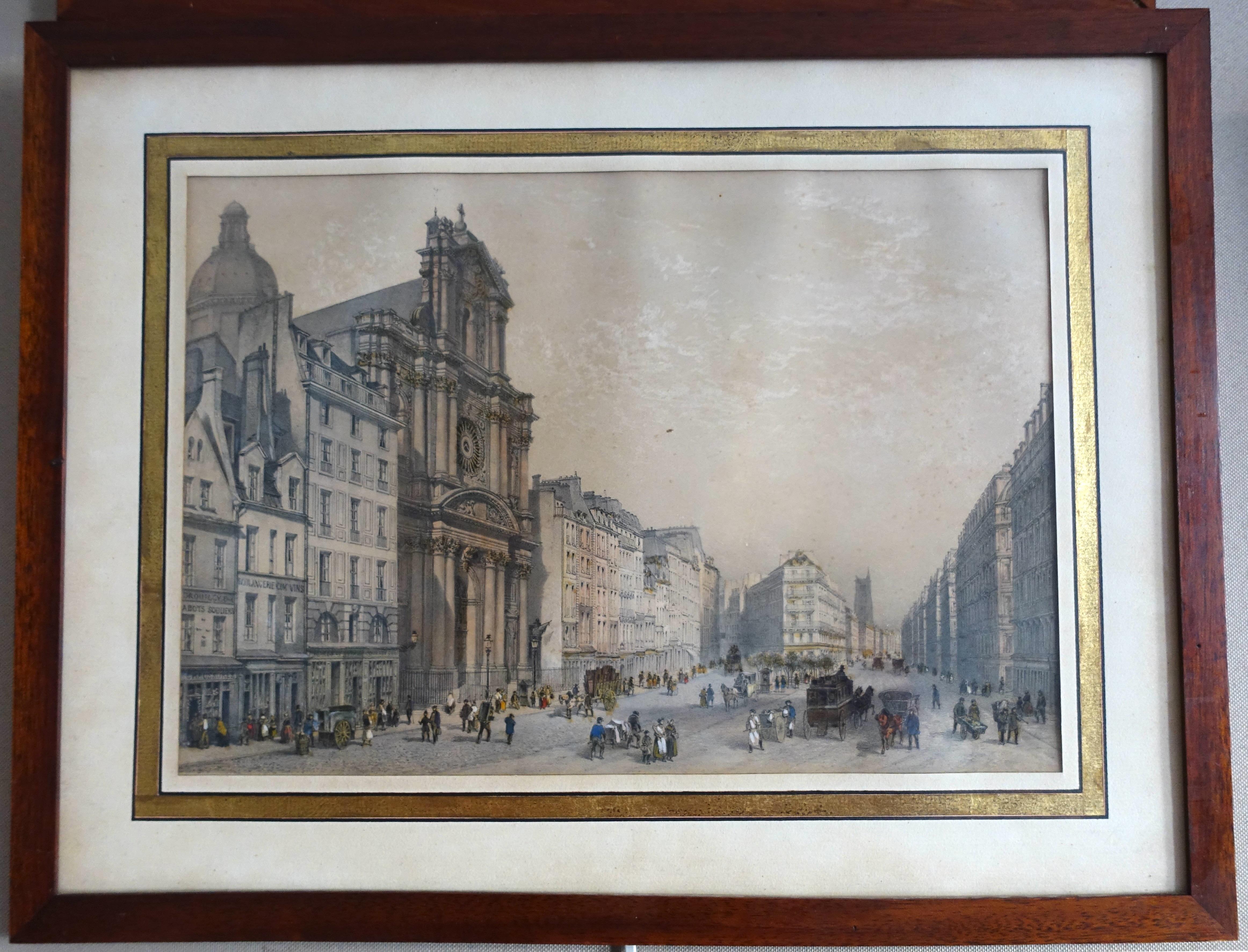 A fine hand-colored etching showing St Paul Church in Paris (Le Marais, beginning rue de Rivoli, ending rue Saint Antoine) in 1860 : a picturesque and charming depiction of mid-19th century with a lot of characters and horse carts.
It is set into a
