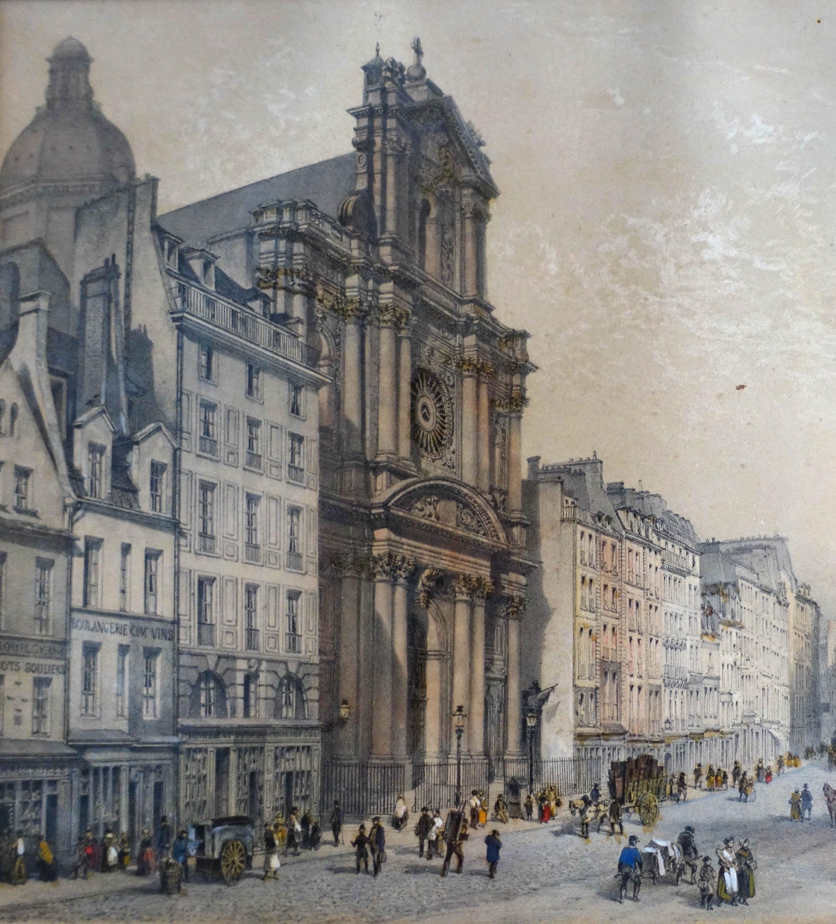 Napoleon III Hand colored etching : view of Paris, St Paul church - Napoléon III period 1860 For Sale