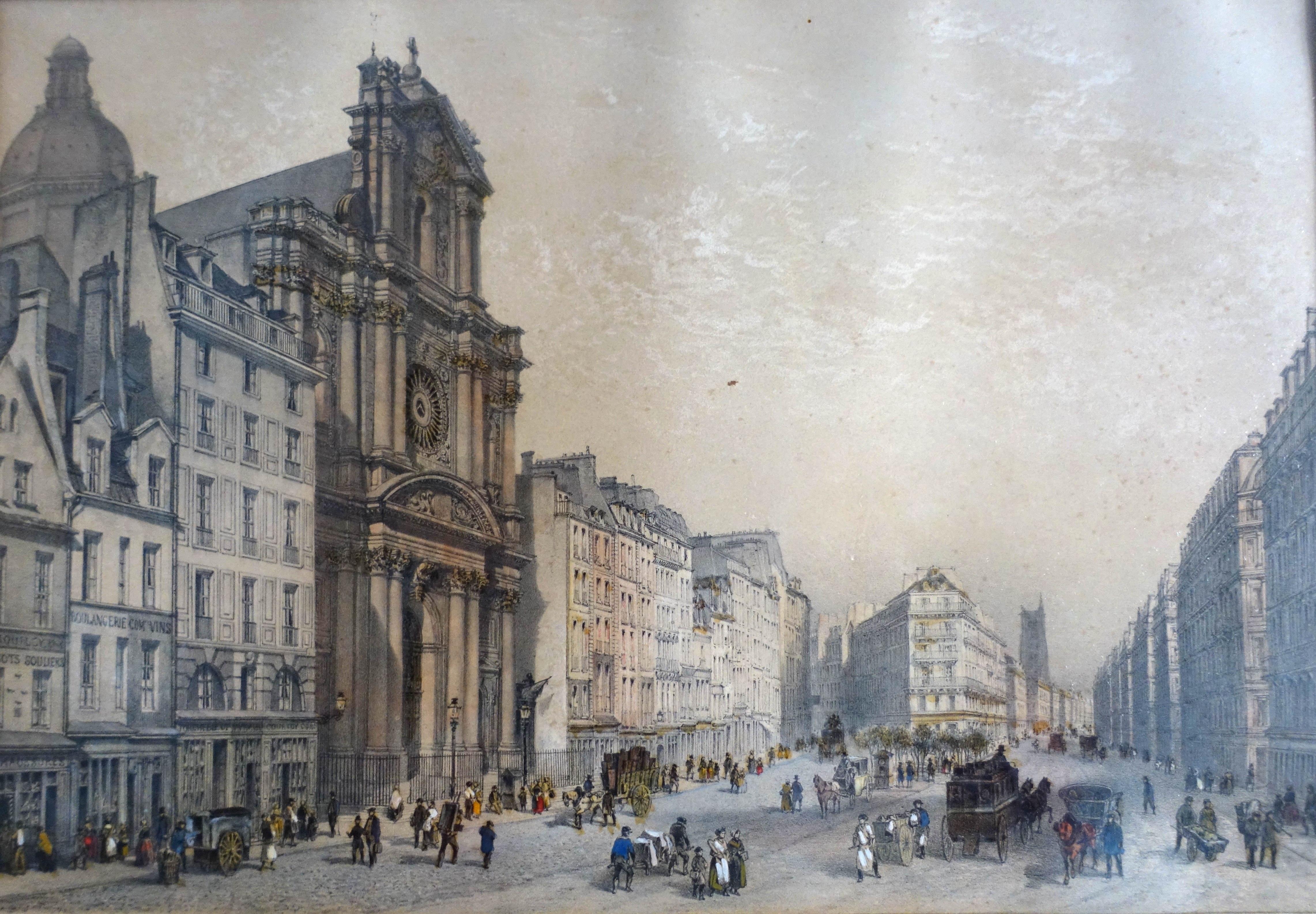French Hand colored etching : view of Paris, St Paul church - Napoléon III period 1860 For Sale