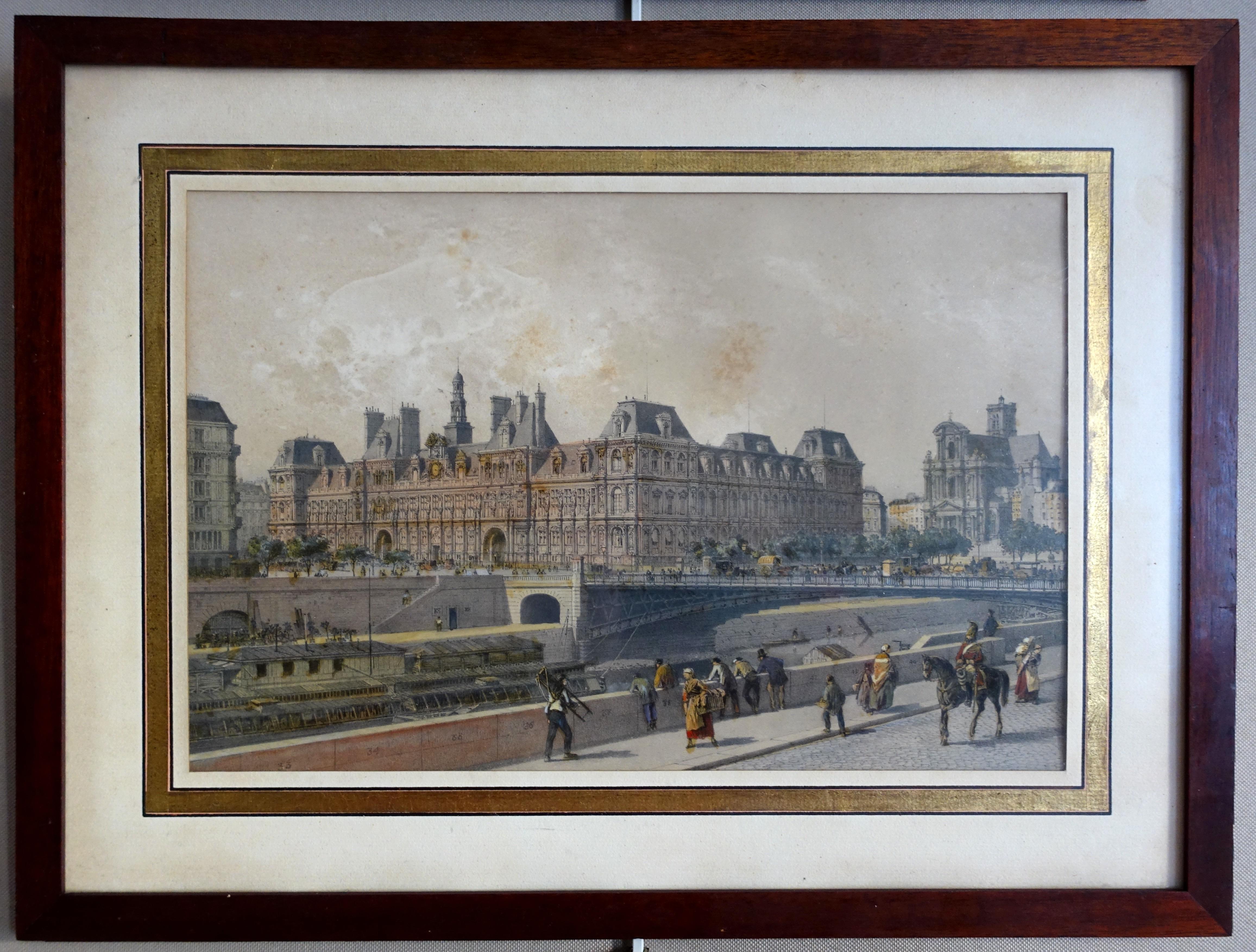 A fine hand-colored etching showing Paris Town Hall (Hôtel de Ville de Paris) in 1860 : a picturesque and charming depiction of mid-19th century seen from quai de Corse, with a lot of characters, horse carts, church Saint Gervais in the