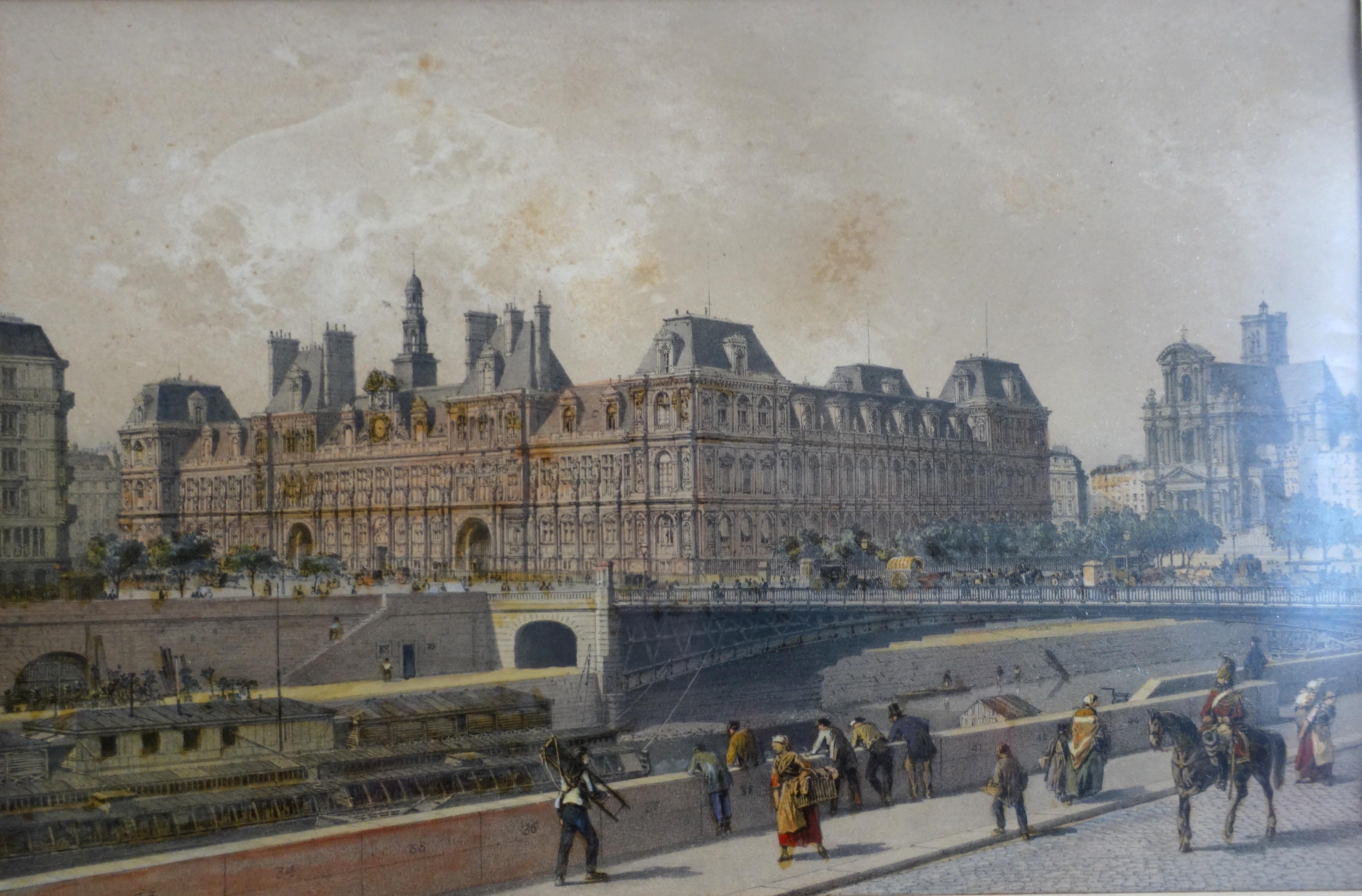 Napoleon III Hand colored etching : view of Paris, Town Hall - Napoléon III period - 1860 For Sale
