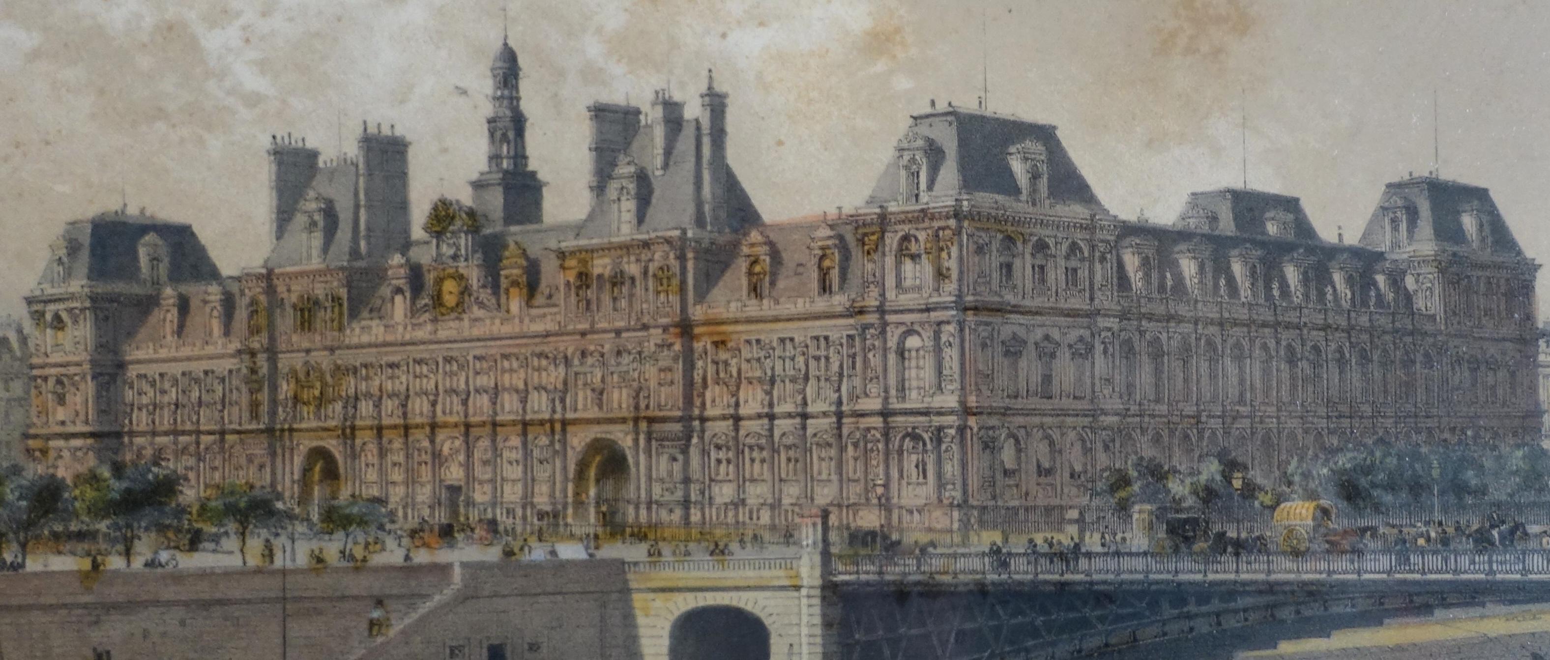French Hand colored etching : view of Paris, Town Hall - Napoléon III period - 1860 For Sale