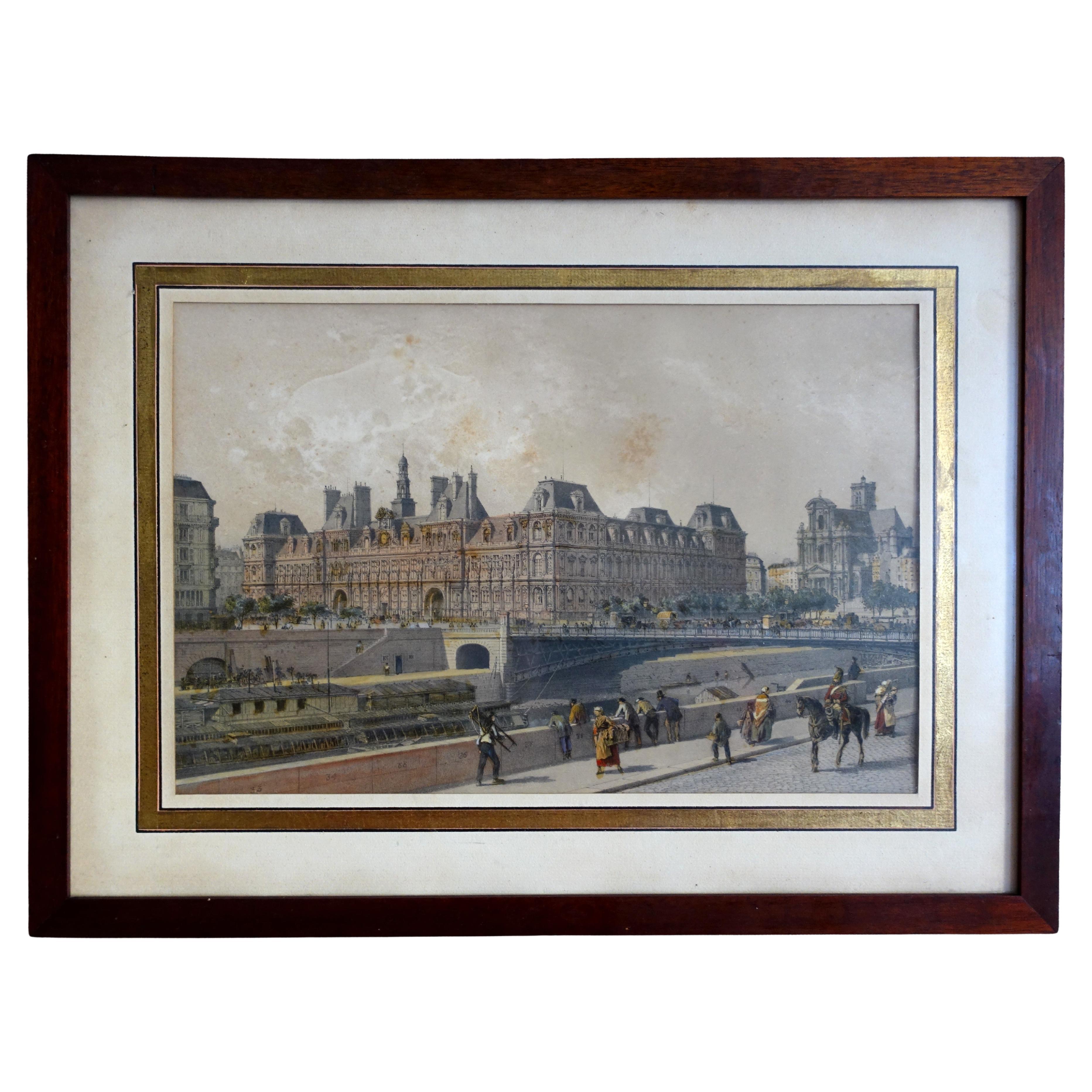 Hand colored etching : view of Paris, Town Hall - Napoléon III period - 1860