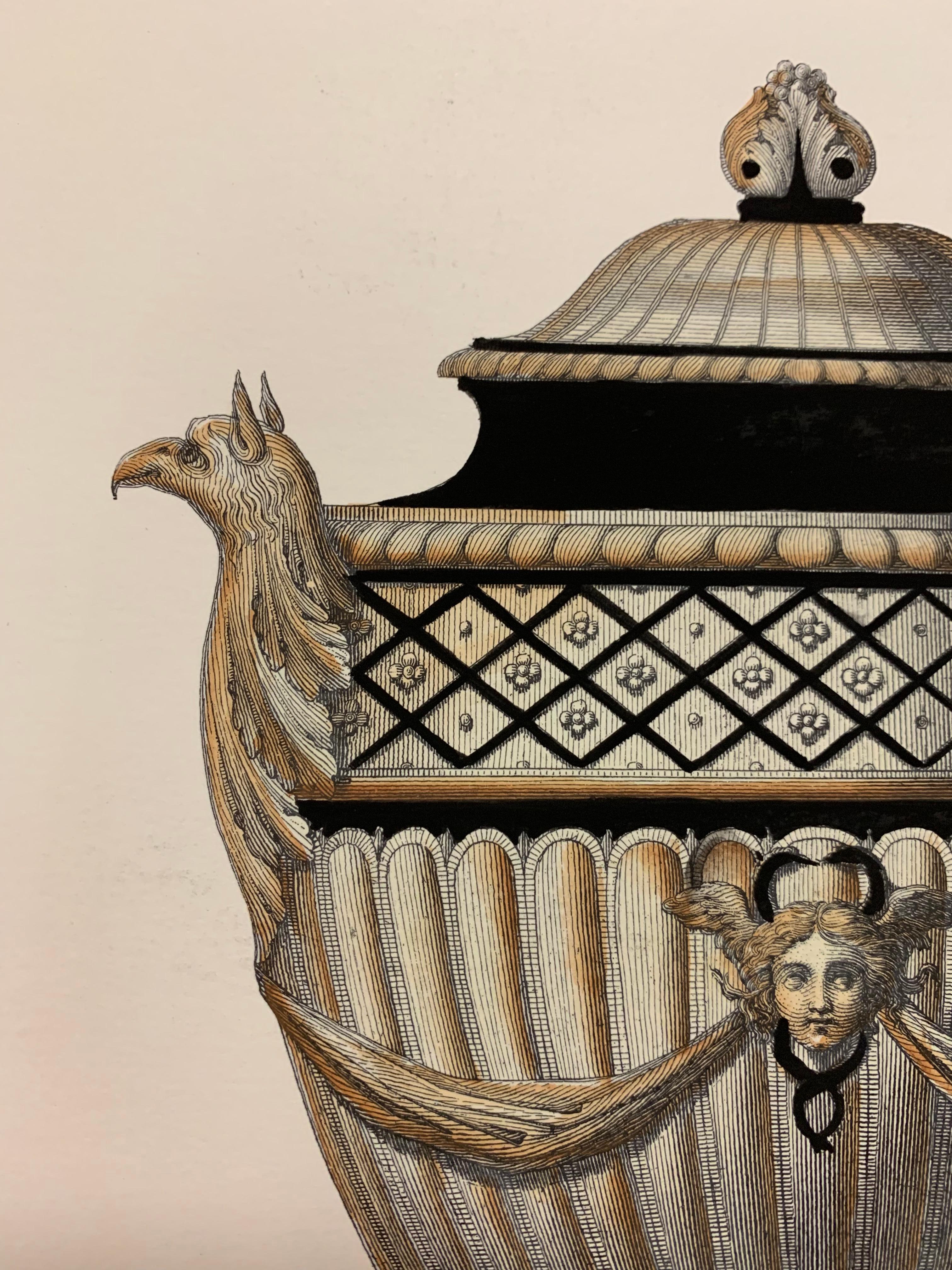 Zeitgenössischer italienischer handkolorierter römischer Vasen-Druck mit handgefertigtem schwarzem Rahmen (Italienisch) im Angebot