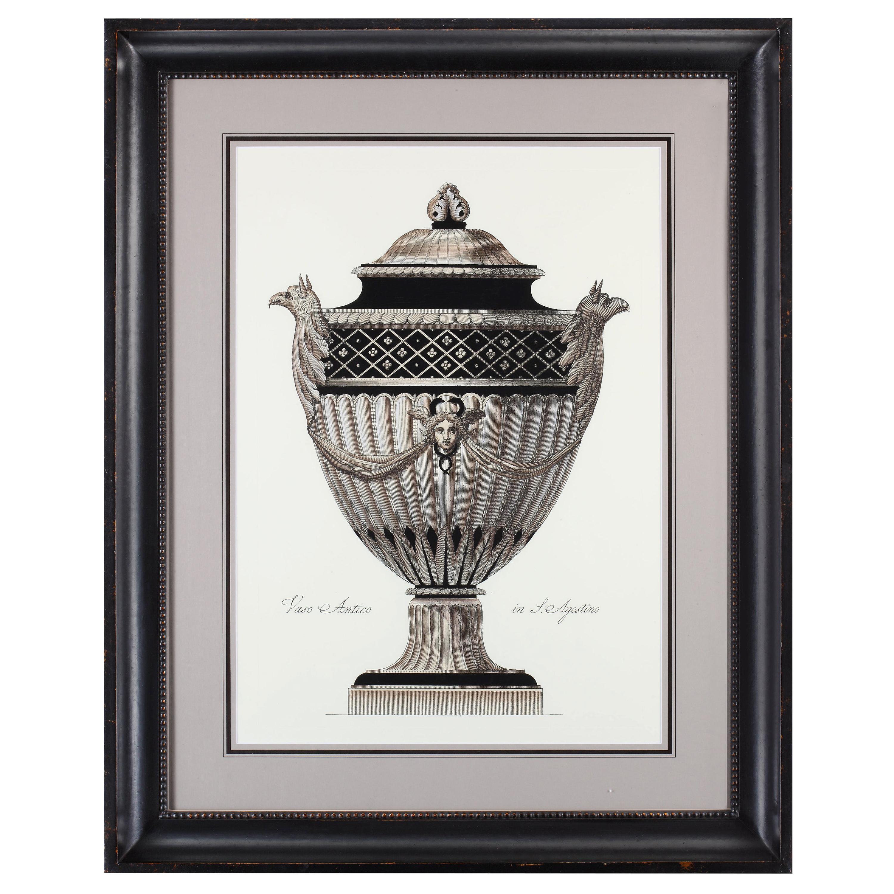 Contemporary Italian hand coloured Roman vase print with handcrafted black frame