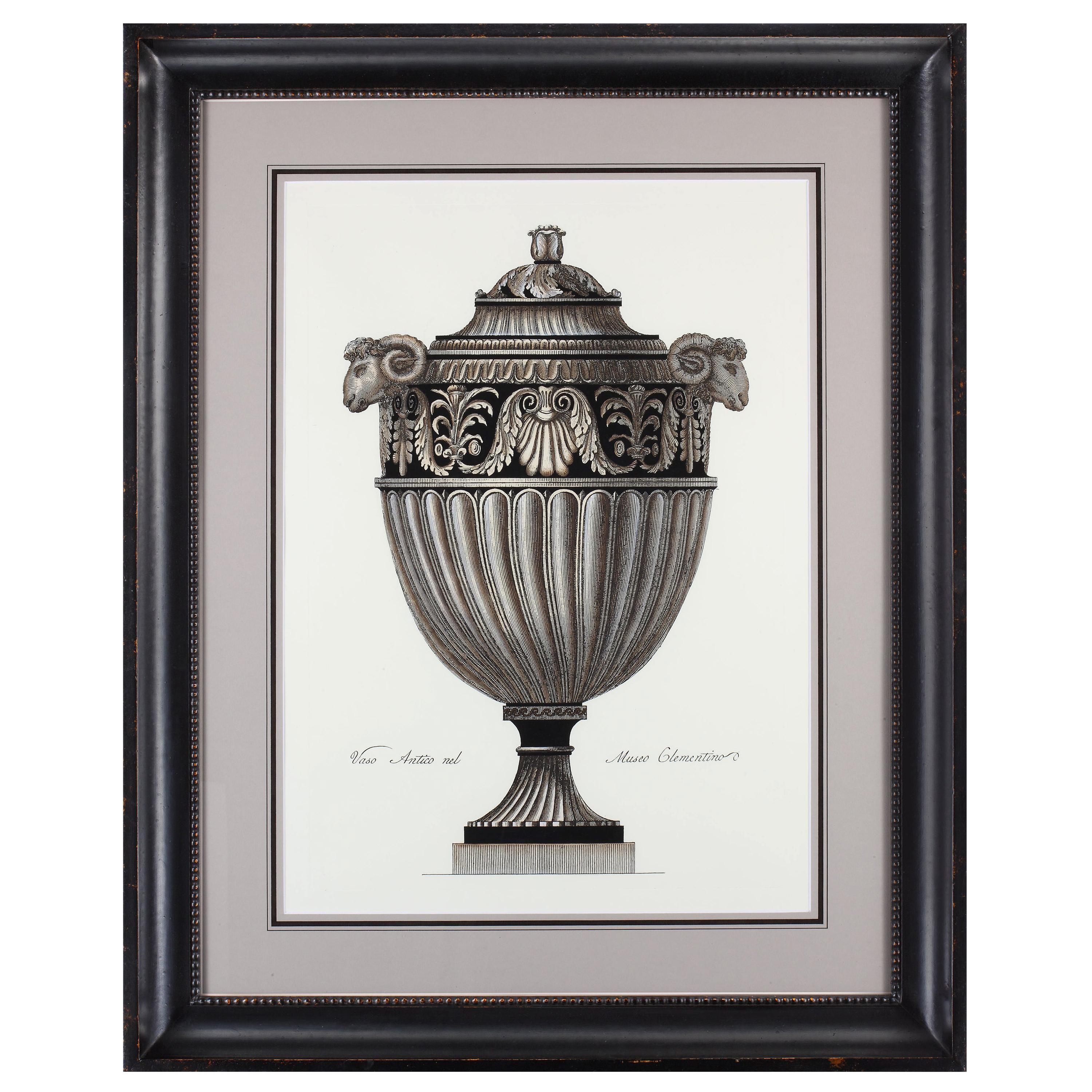 Contemporary Italian hand coloured Roman vase print with handcrafted black frame