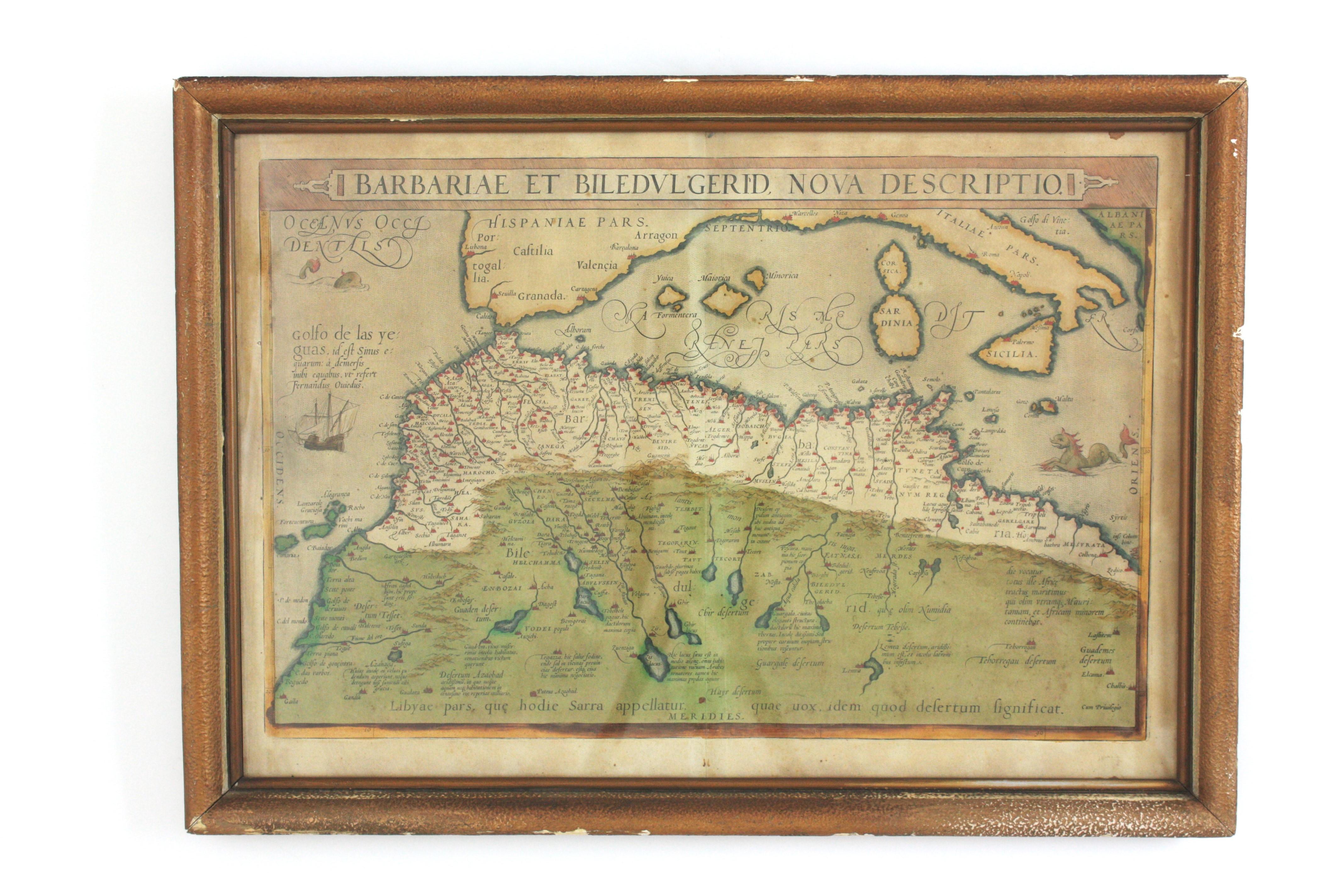 Original antike Karte von Nordafrika
Antiker gerahmter Kartendruck mit dem Titel 'Barbariae et Biledulgerid Nova Descriptio'. 
Künstler: Abraham Ortelius (1527 -1598) 
Herausgegeben von A. Ortelius, um 1580. 
Künstler und Graveure: Abraham
