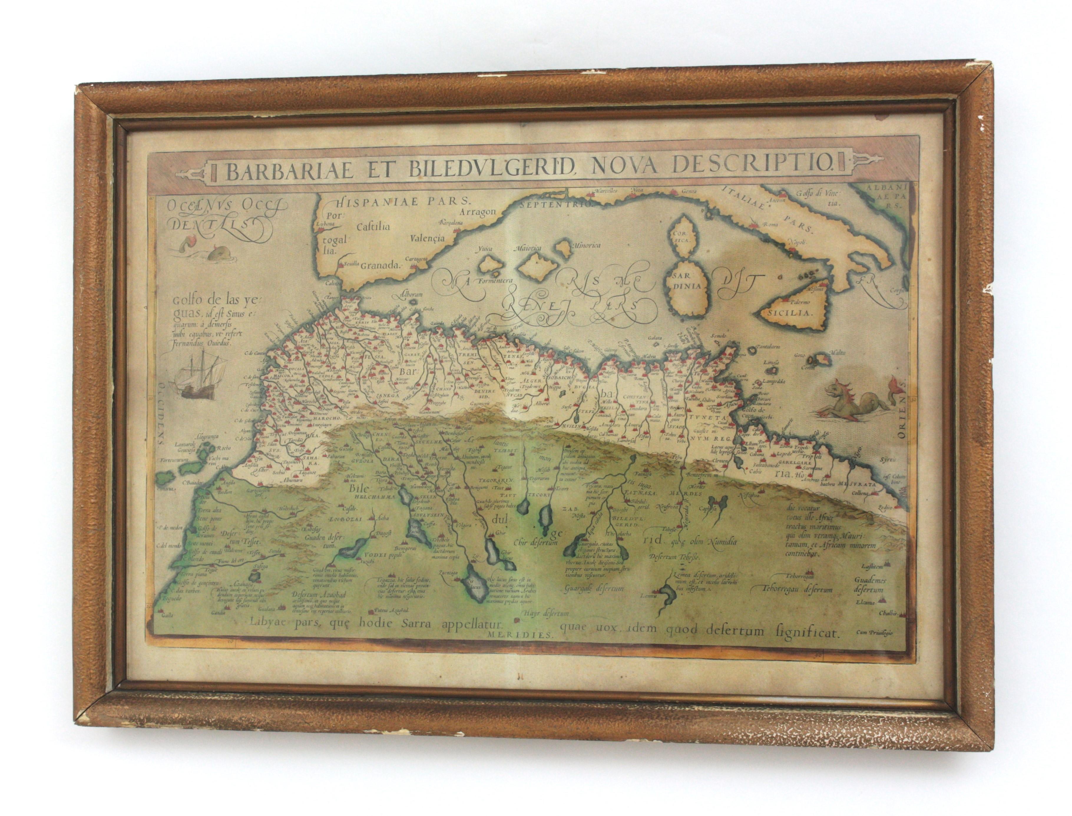 Handkolorierte gerahmte Karte von Nordafrika (Spanisch Kolonial) im Angebot