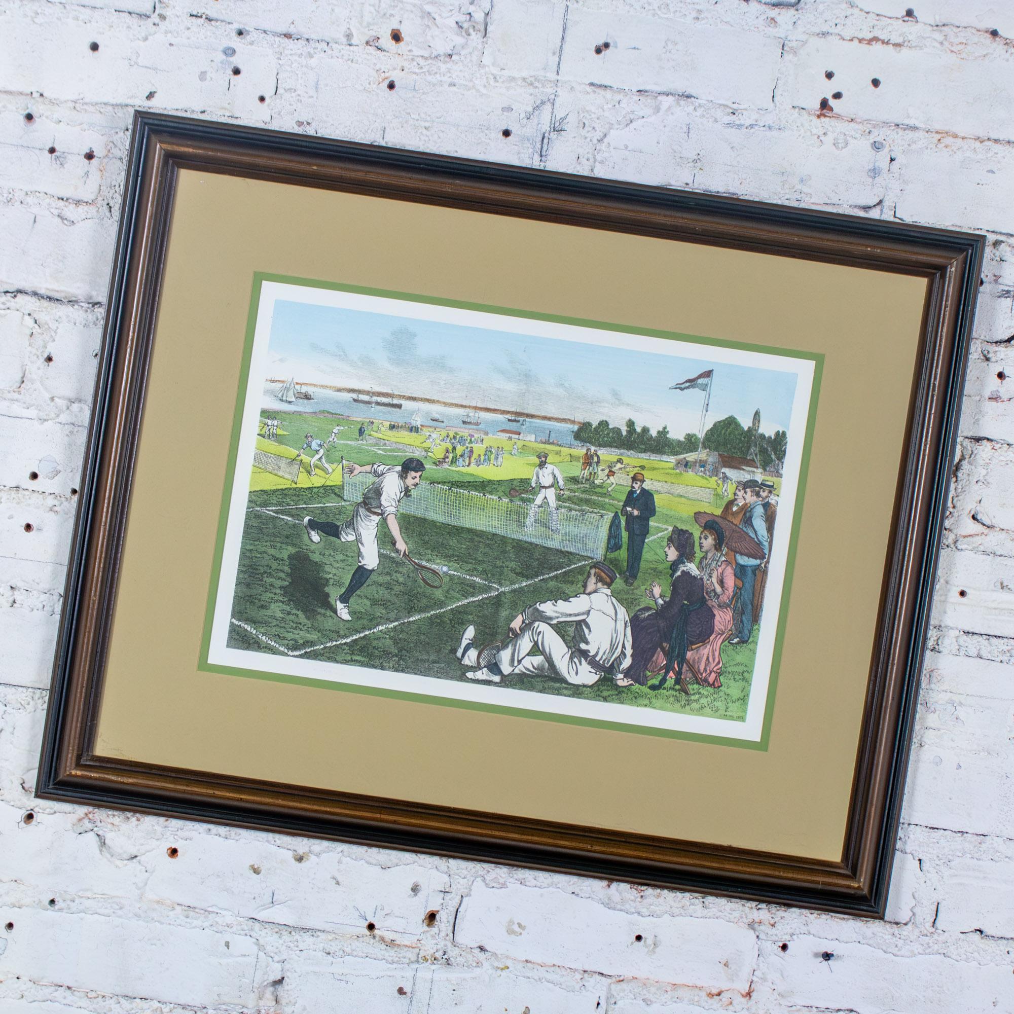 Handkolorierter gerahmter Druck First National Lawn-Tennis Tournament Staten Island (amerikanisch) im Angebot