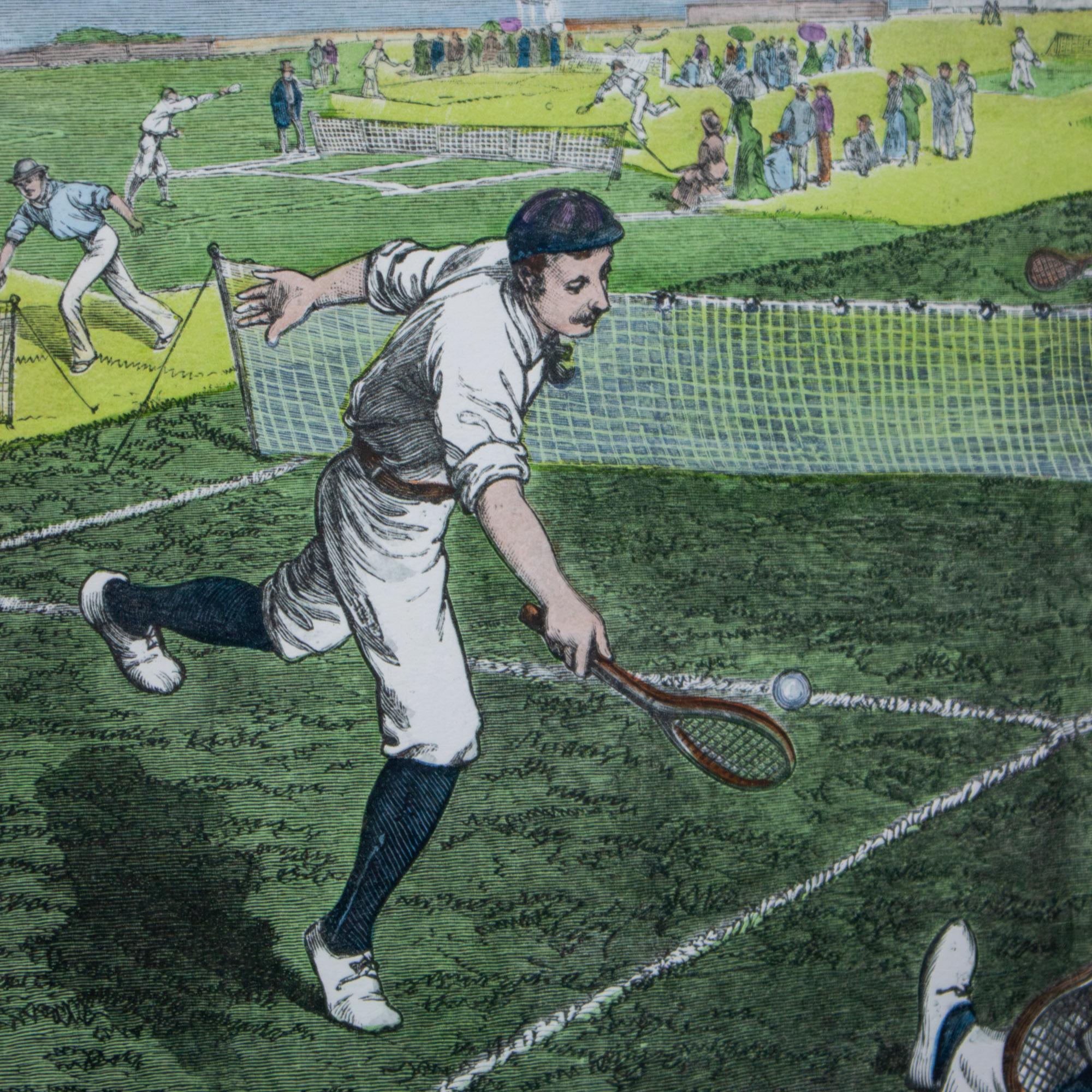 Handkolorierter gerahmter Druck First National Lawn-Tennis Tournament Staten Island im Angebot 2