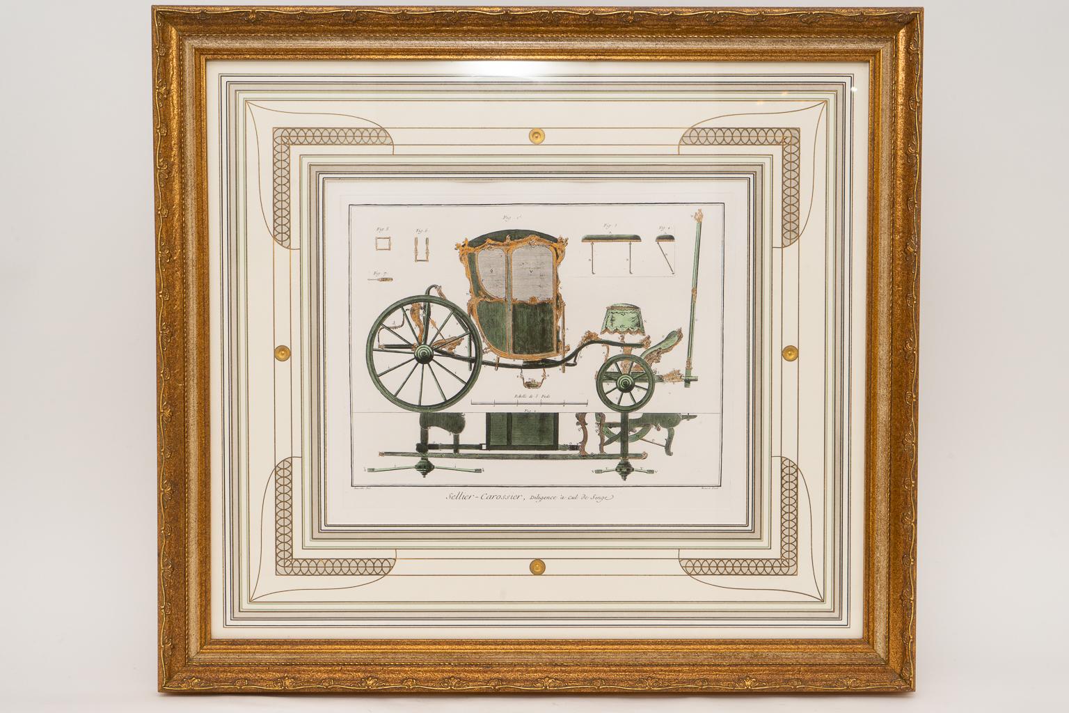 Midcentury hand colored gold accented original French engraving of an antique carriage.