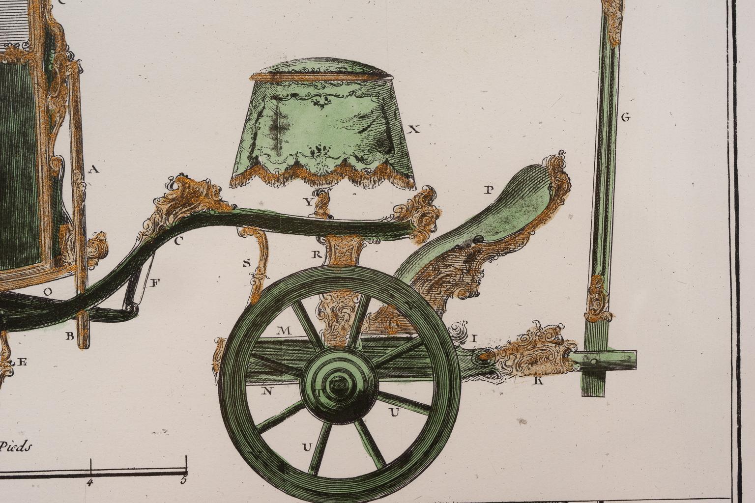 Glazed Hand Colored French Engraving of Carriage