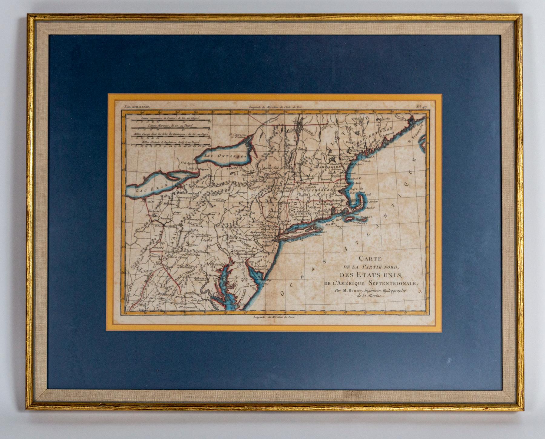 Hand-colored French map, Carte de la Partie Nord, des Etats Unis, de l'Amérique Septentrionale, late 18th century. A French map of New England published at the end of the Revolutionary War from Raynal's Atlas. Rigobert Bonne (1727-1795) was Royal