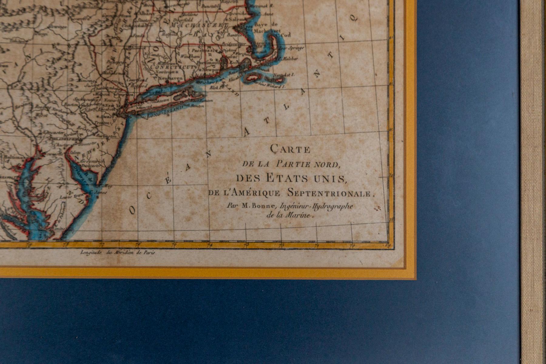 Handkolorierte französische Karte, Carte des Etats Unis, Par Bonne, Ende des 18. Jahrhunderts (Louis XVI.) im Angebot