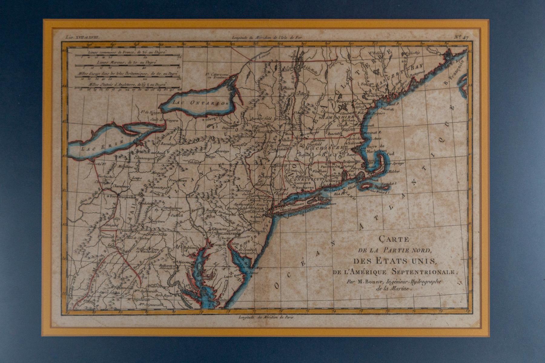 Handkolorierte französische Karte, Carte des Etats Unis, Par Bonne, Ende des 18. Jahrhunderts (Französisch) im Angebot