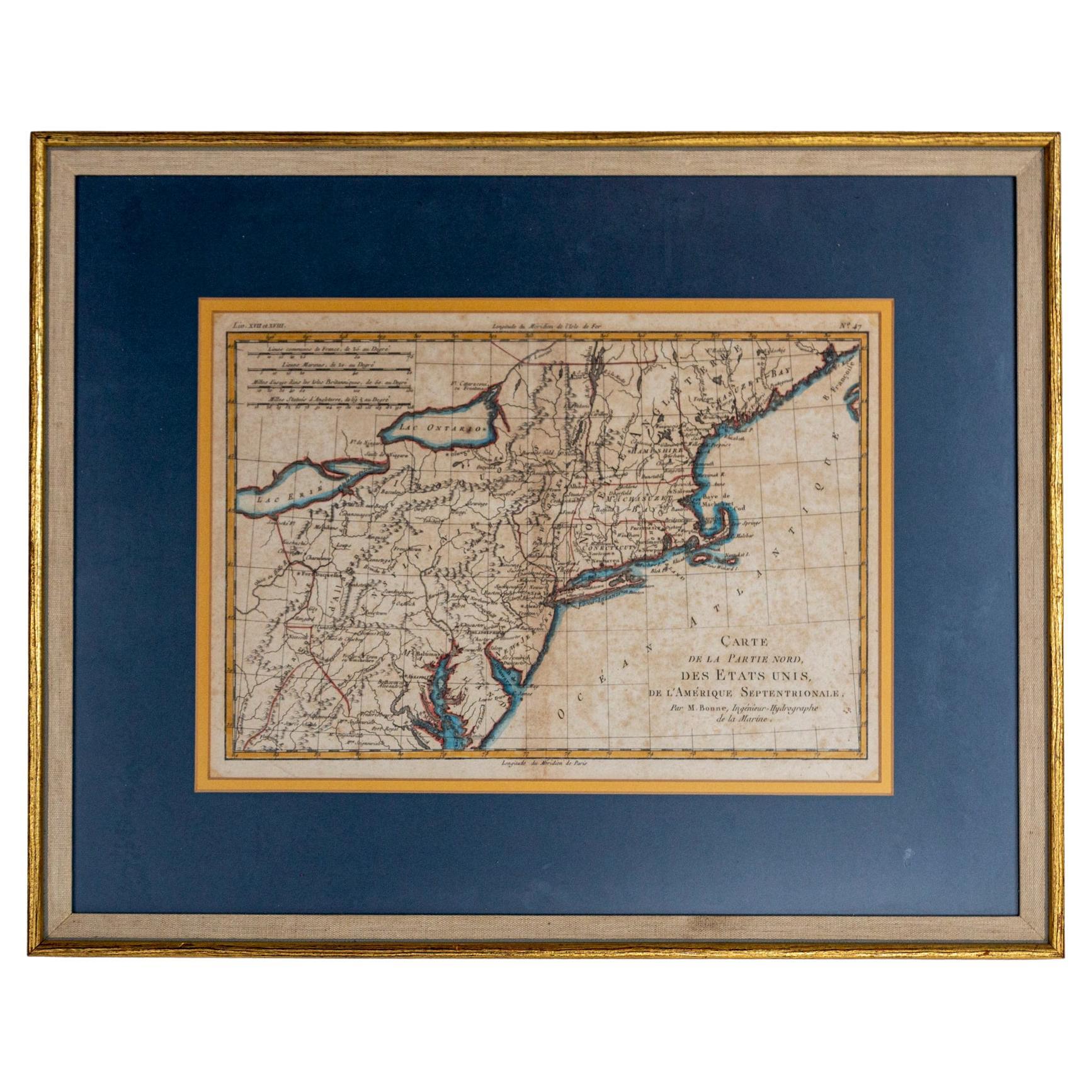 Hand-Colored French Map, Carte des Etats Unis, Par Bonne, Late 18th Century For Sale