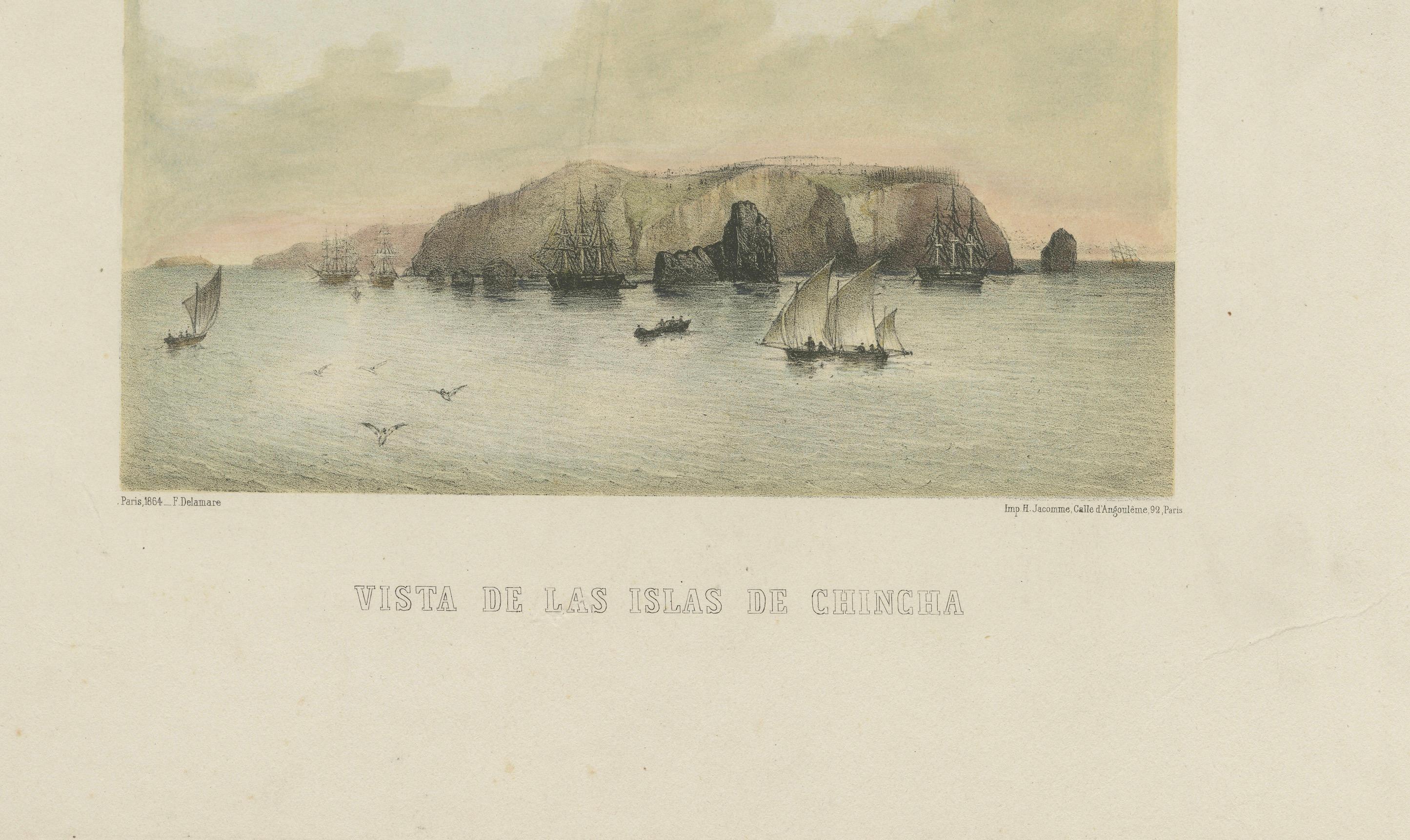 Francese Mappa e veduta delle Isole Chincha, Perù, litografata a mano - 1865 in vendita