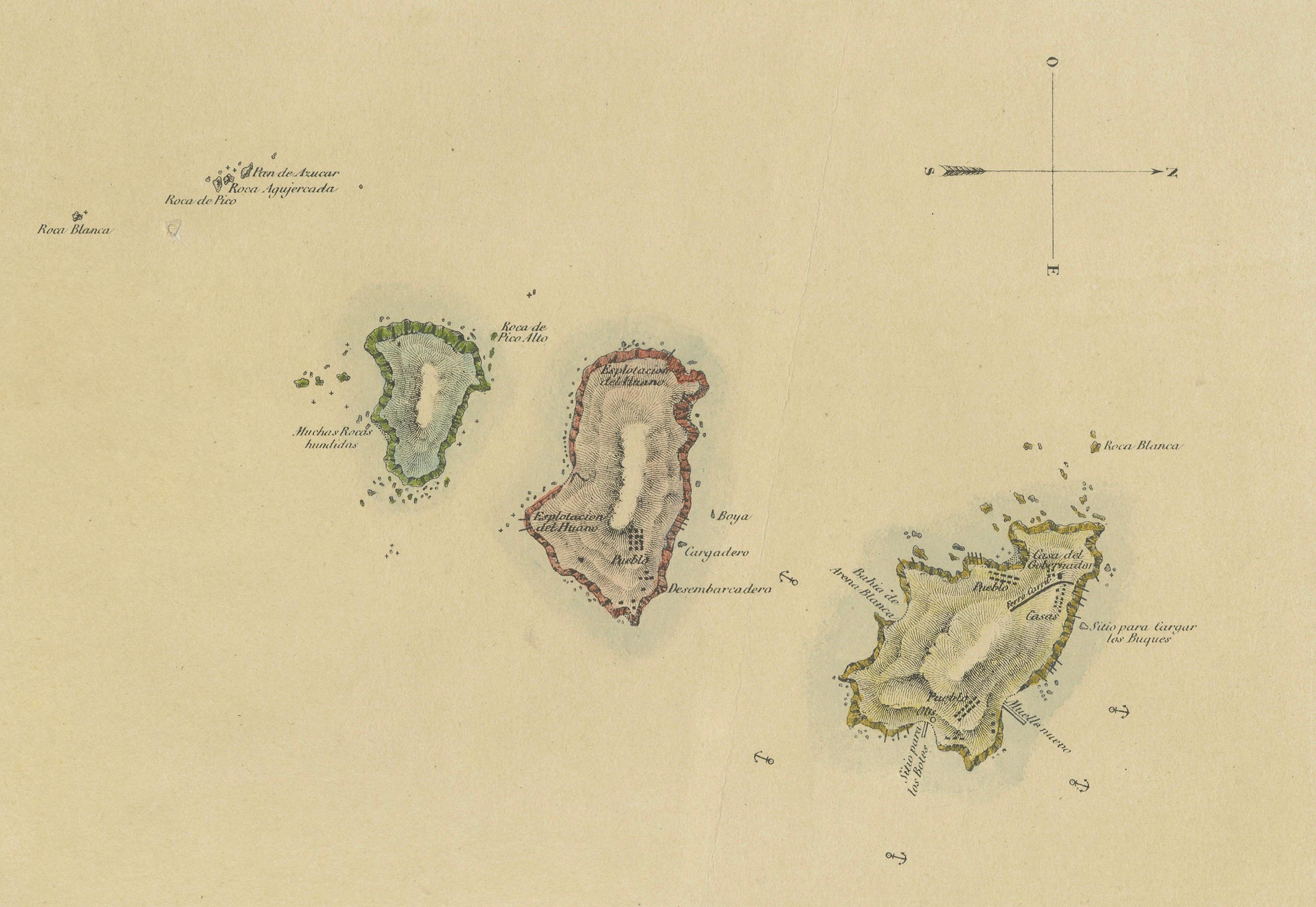 Metà XIX secolo Mappa e veduta delle Isole Chincha, Perù, litografata a mano - 1865 in vendita