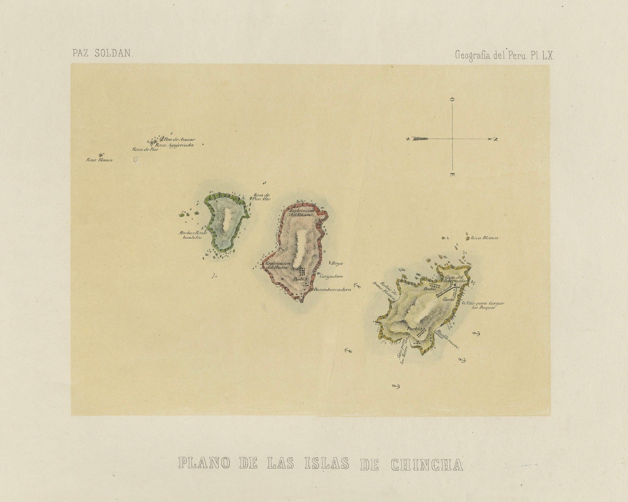 Carta Mappa e veduta delle Isole Chincha, Perù, litografata a mano - 1865 in vendita