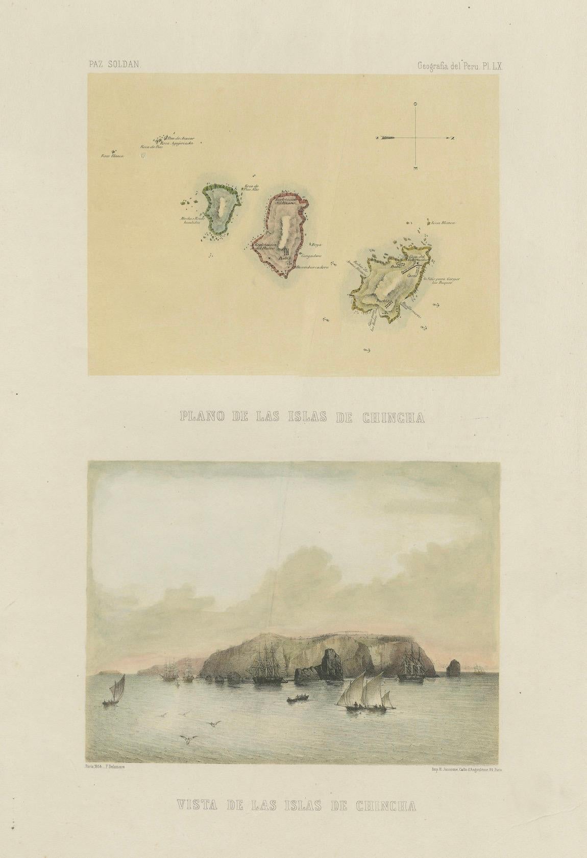 Mappa e veduta delle Isole Chincha, Perù, litografata a mano - 1865 in vendita 1
