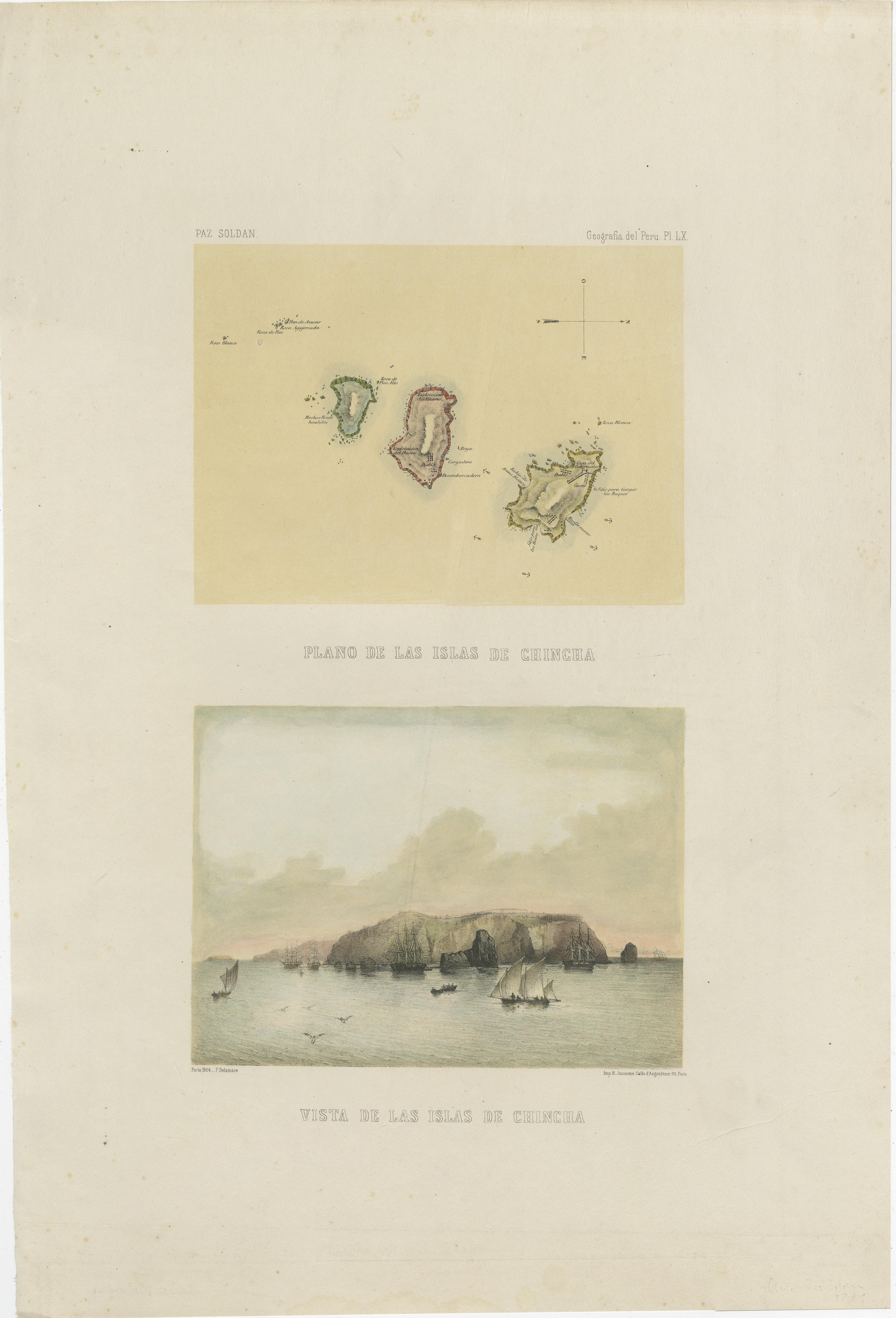 Mappa e veduta delle Isole Chincha, Perù, litografata a mano - 1865 in vendita 2