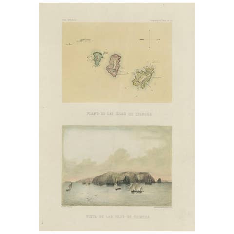 Hand-colored lithograph map and view of the Chincha Islands, Peru – 1865