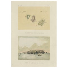Mappa e veduta delle Isole Chincha, Perù, litografata a mano - 1865