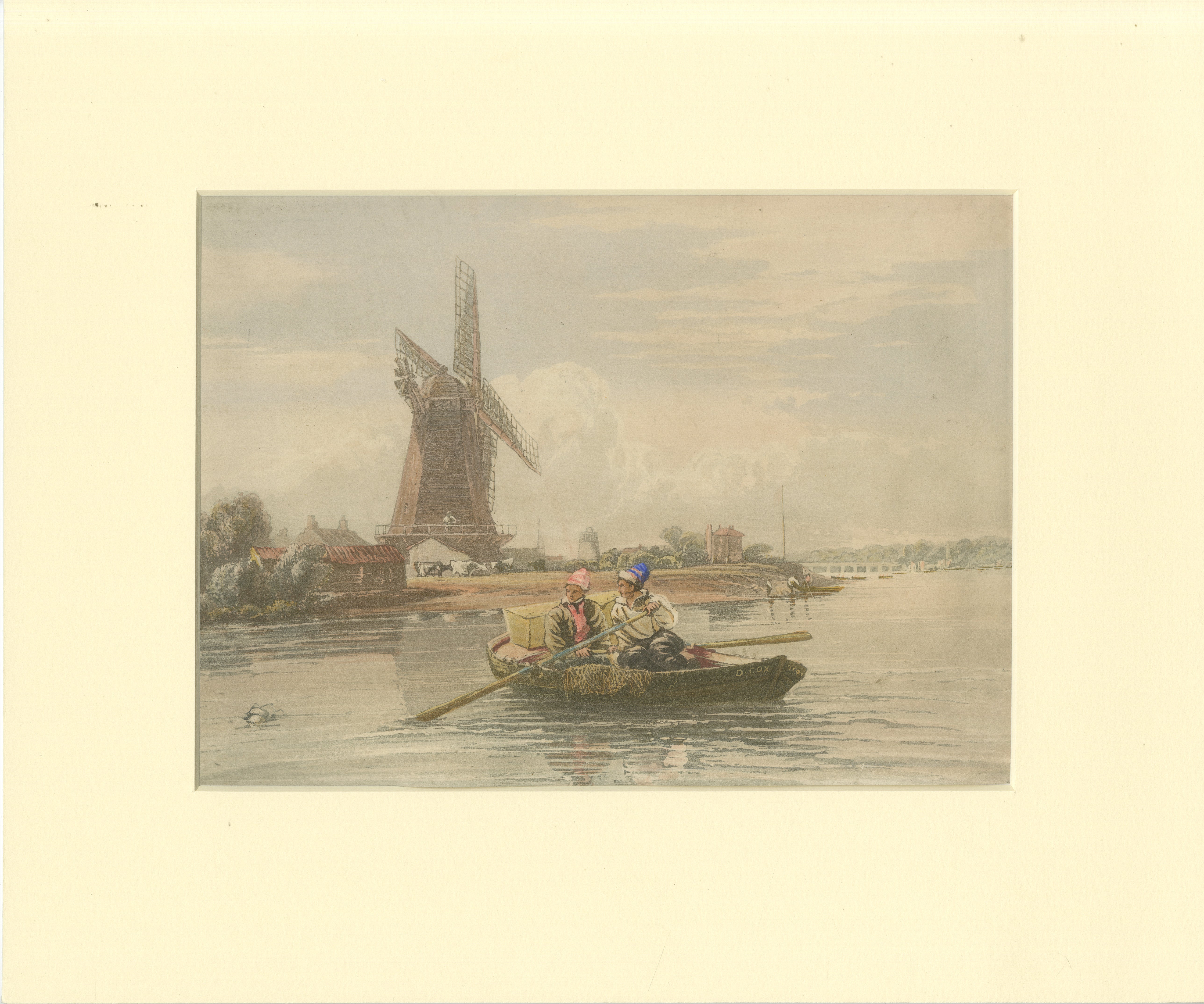 Hand-Colored Lithgraph of a Dutch Landscape with Windmill and Rowboat*  

Description:  
This hand-colored litho beautifully captures a serene Dutch landscape, featuring a traditional windmill as the central element, surrounded by rustic buildings