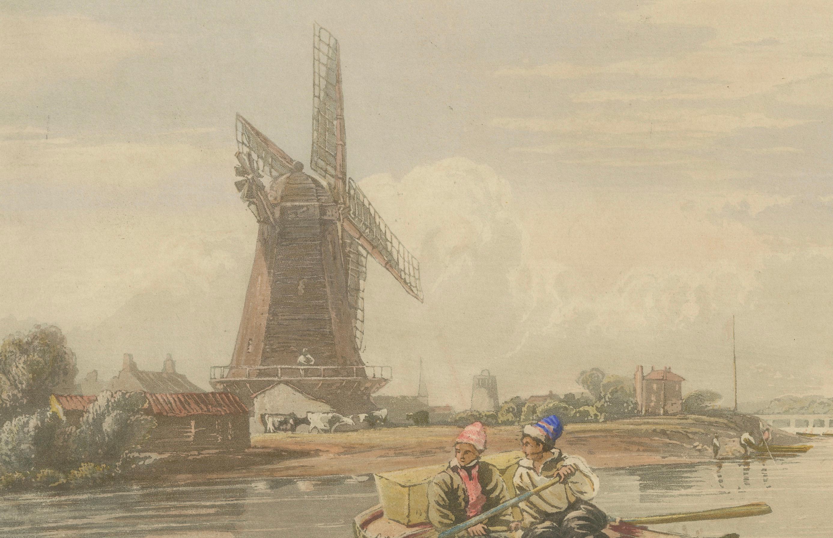 Hand-Colored Lithograph of a Dutch Landscape with Windmill and Rowboat, ca. 1850 In Good Condition For Sale In Langweer, NL