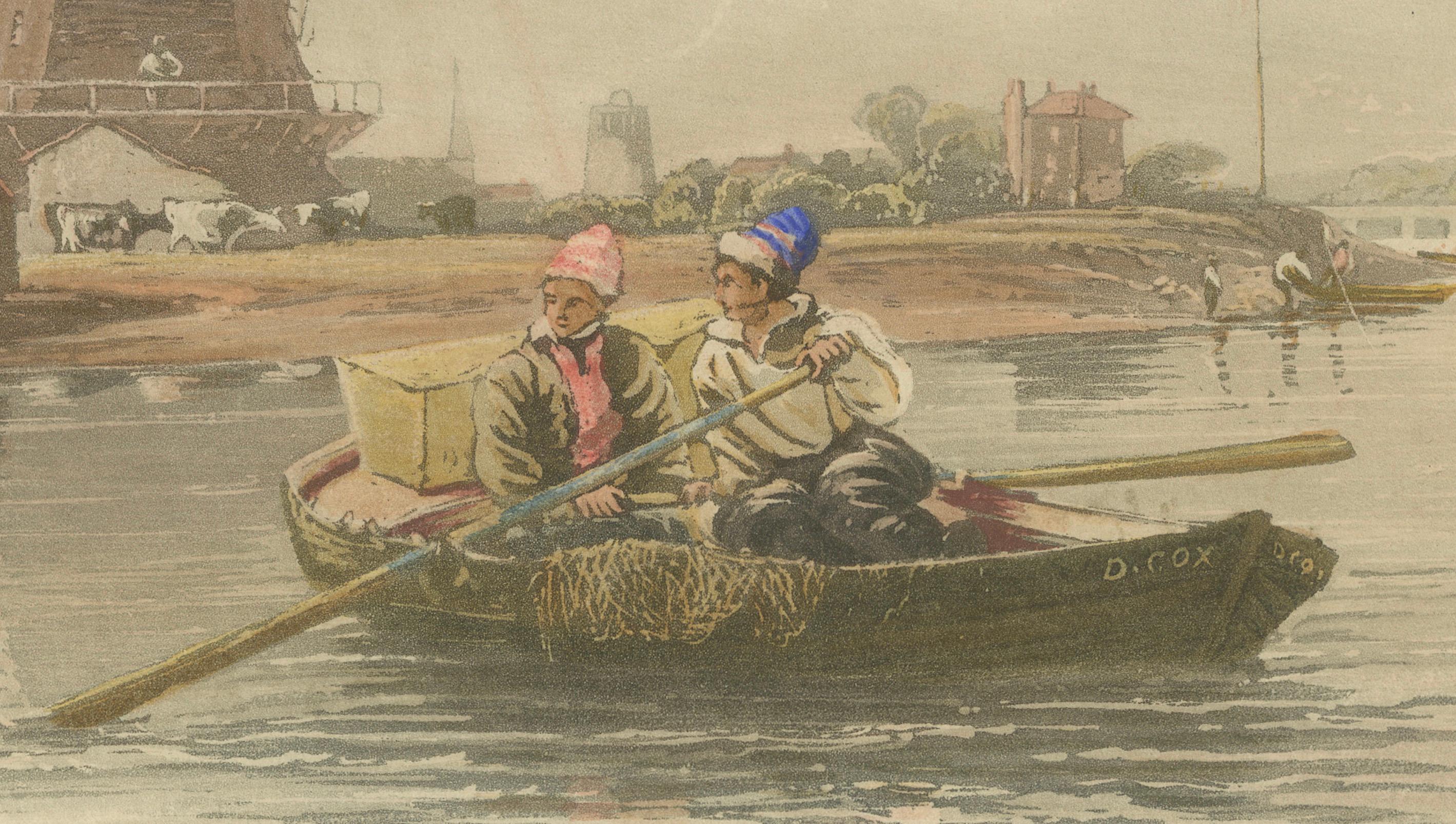19th Century Hand-Colored Lithograph of a Dutch Landscape with Windmill and Rowboat, ca. 1850 For Sale