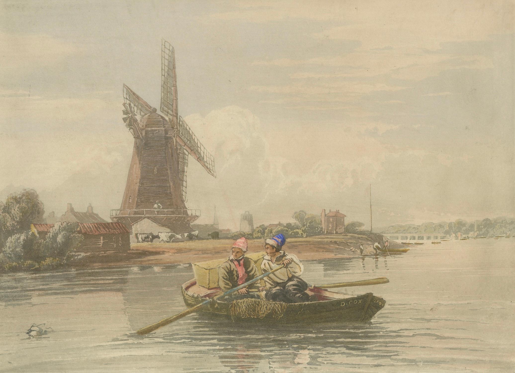 Paper Hand-Colored Lithograph of a Dutch Landscape with Windmill and Rowboat, ca. 1850 For Sale