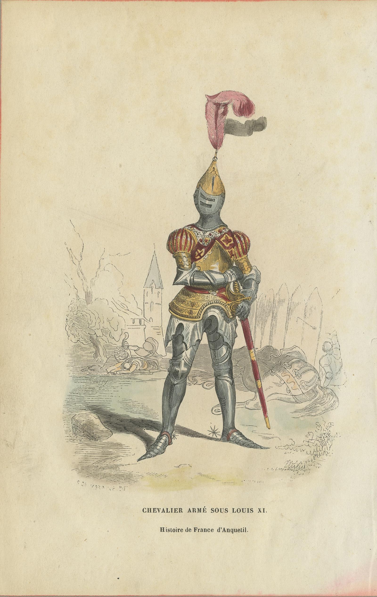 Antique print titled 'Chevalier armé sous Louis XI'. Lithograph of an armed knight under the reign of Louis XI. Source unknown, to be determined.

Artists and Engravers: Anonymous.

Condition: Good, general age-related toning. Partly mounted to