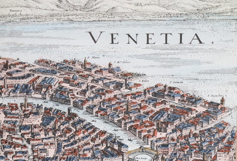 Four panel on linen backing, entirely hand colored map of Venice. Showing all buildings, waterways, outer islands, etc. Also showing many ships in the named canals. Measures: 22