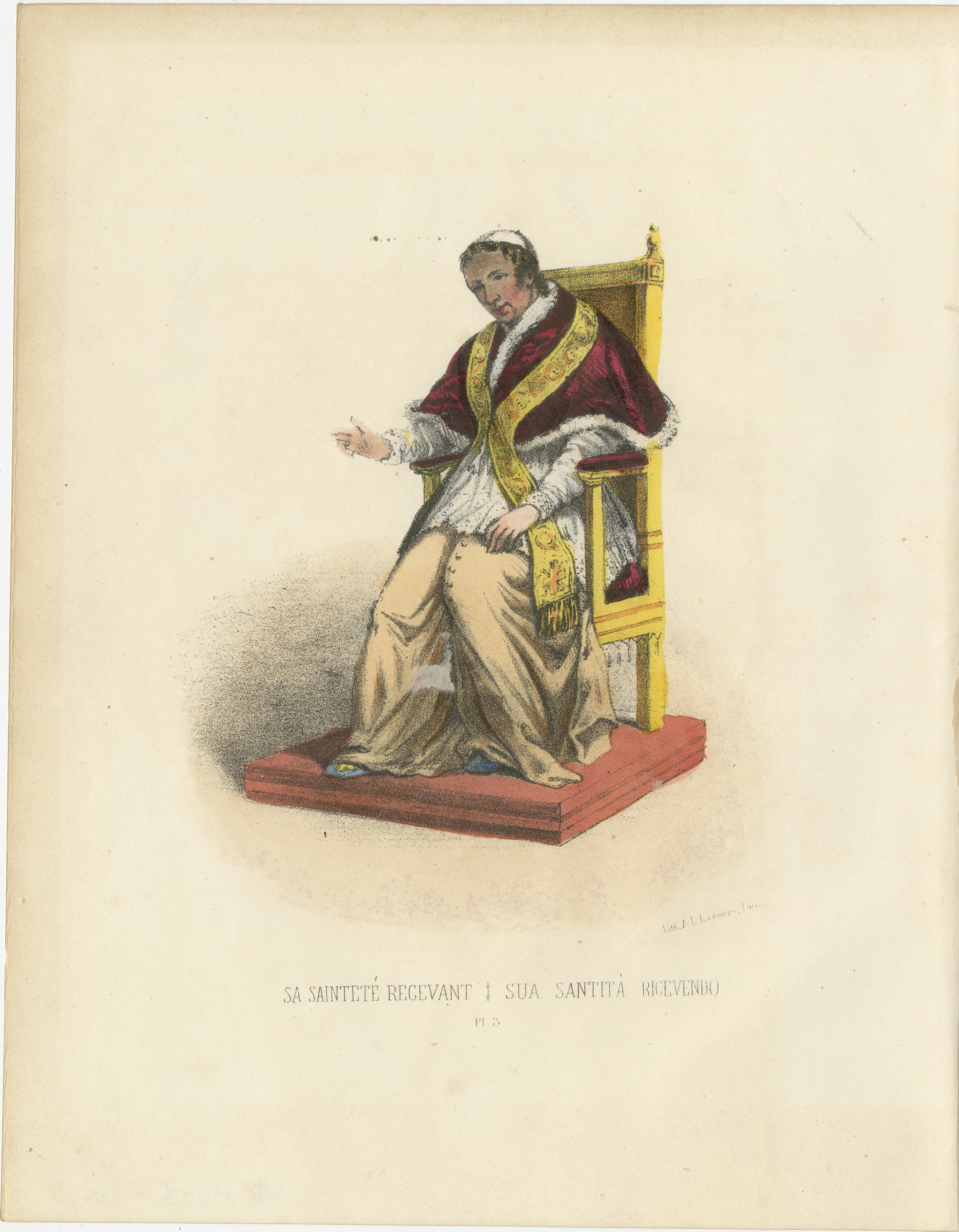 Sa Sainteté Recevant (His Holiness Receiving), Plate 3, 1862  

This hand-colored lithograph, 'Sa Sainteté Recevant' (His Holiness Receiving), Plate 3 from *Album ou Collection Complète, et Historique des Costumes de la Cour de Rome* by G. Perugini,
