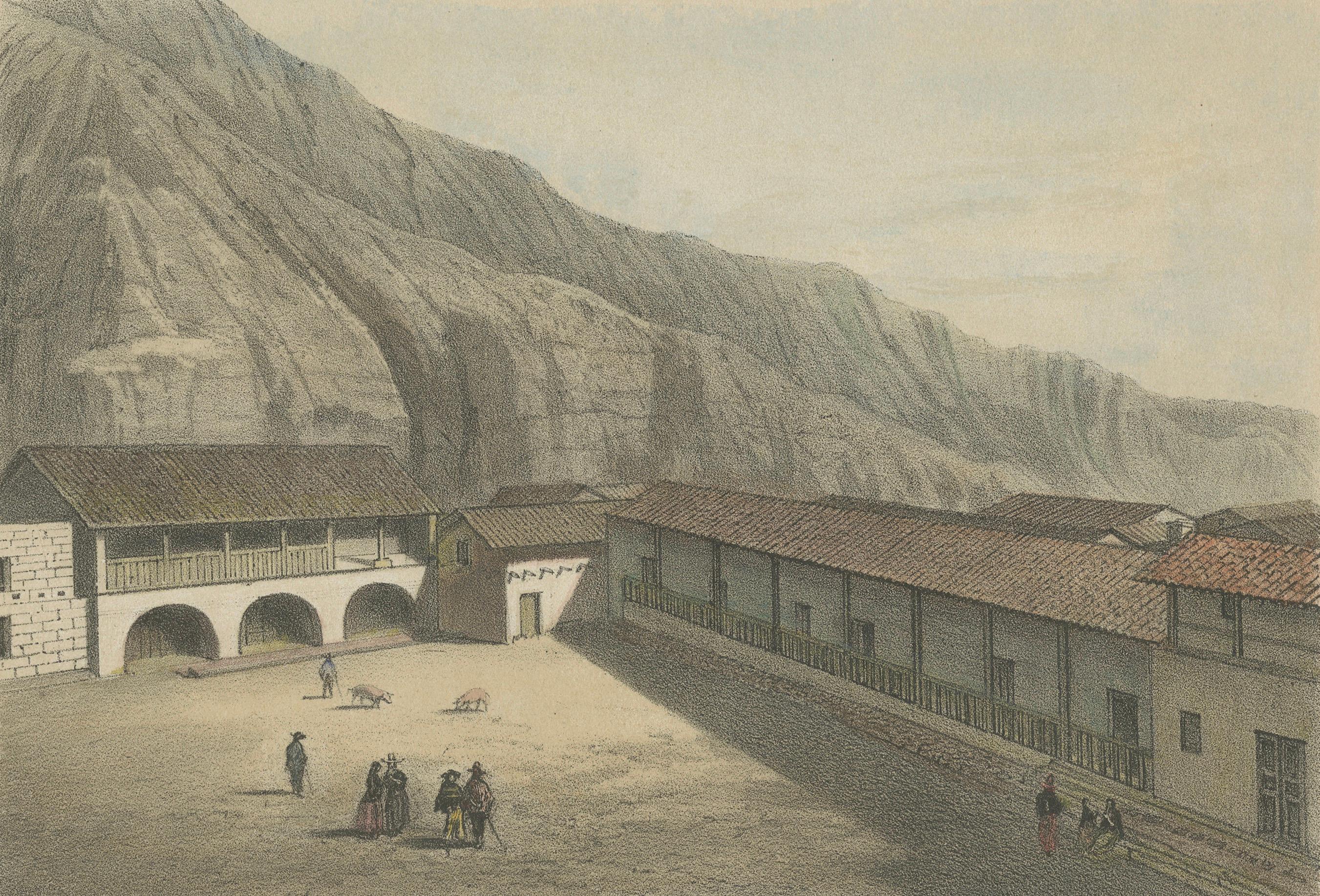 Handkolorierte lithografierte Ansichten von Huánuco & Huari, Peru - Plazas Mayores, 1865

Dieser handkolorierte lithografische Bogen zeigt zwei wichtige Stadtansichten aus dem zentralen Hochland von Peru: die Plaza Mayor de Huánuco und die Plaza
