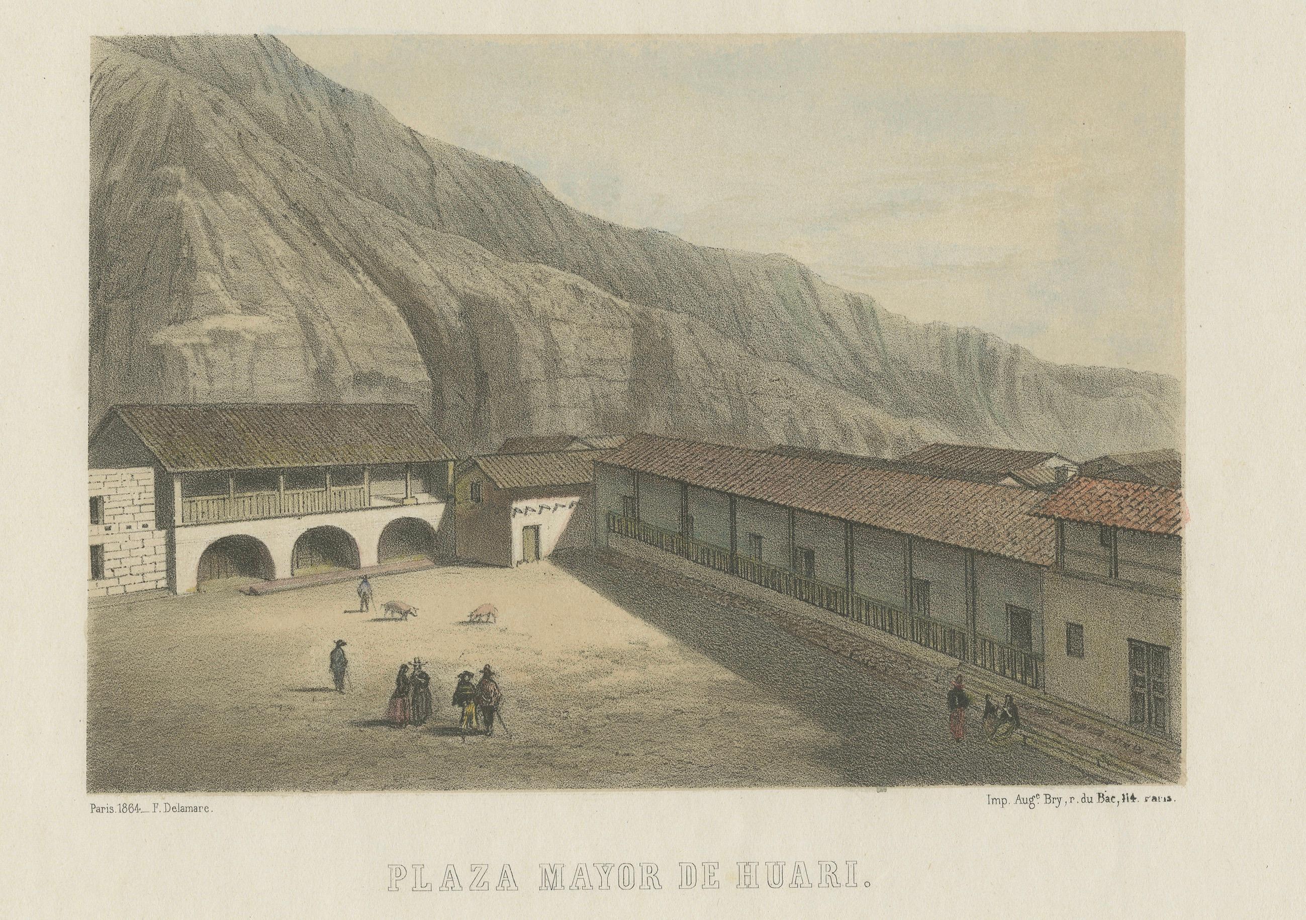 Handkolorierte lithografierte Ansichten von Huánuco & Huari, Peru - Plazas Mayores, 1865 (Französisch) im Angebot