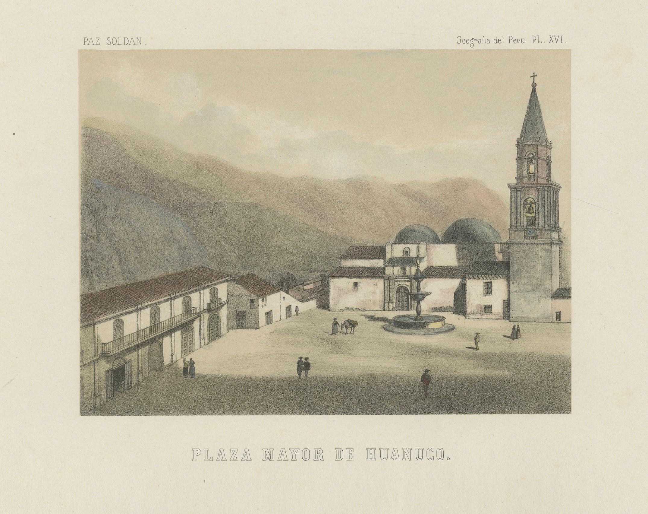 Handkolorierte lithografierte Ansichten von Huánuco & Huari, Peru - Plazas Mayores, 1865 (Mittleres 19. Jahrhundert) im Angebot