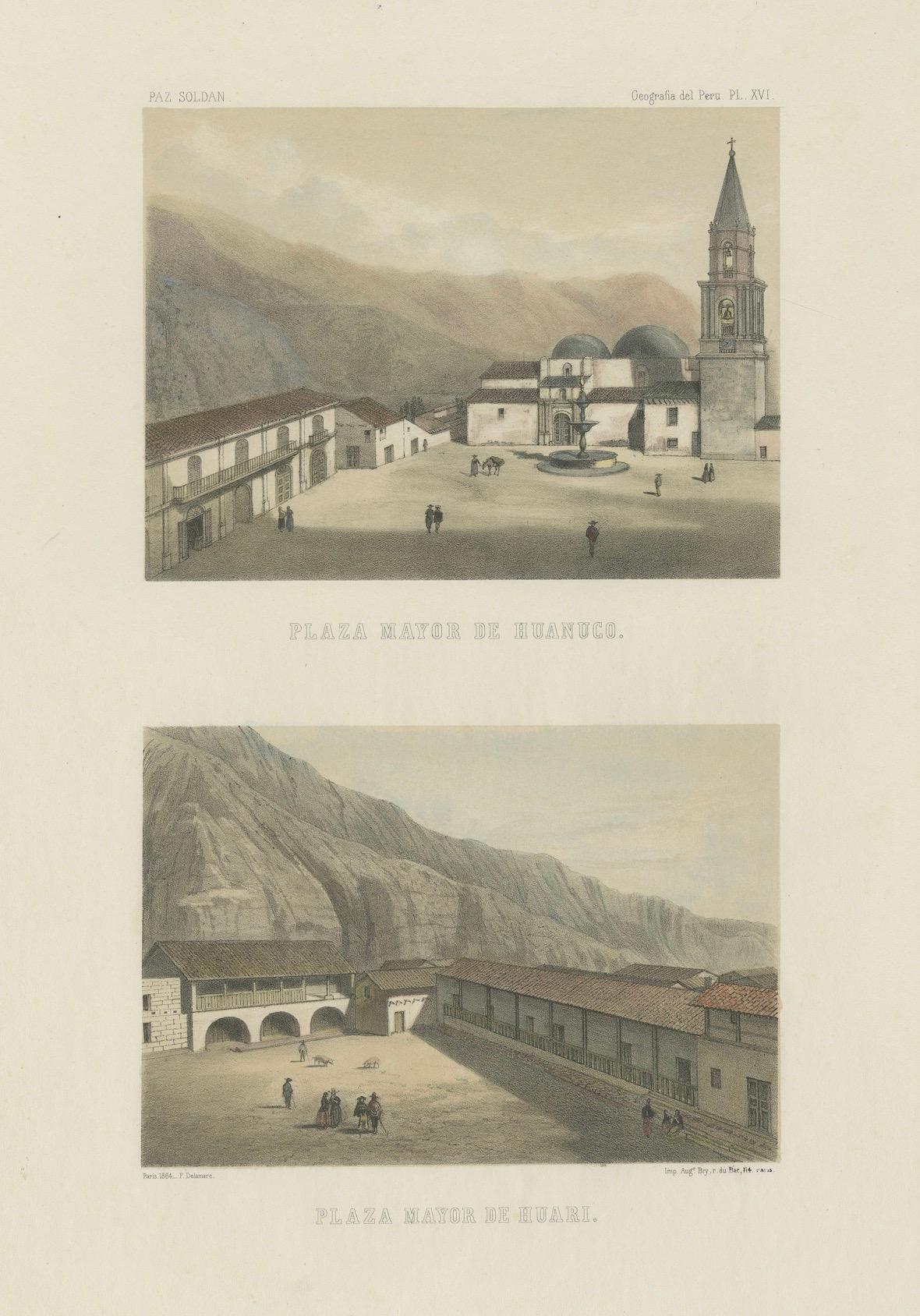 Handkolorierte lithografierte Ansichten von Huánuco & Huari, Peru - Plazas Mayores, 1865 (Papier) im Angebot