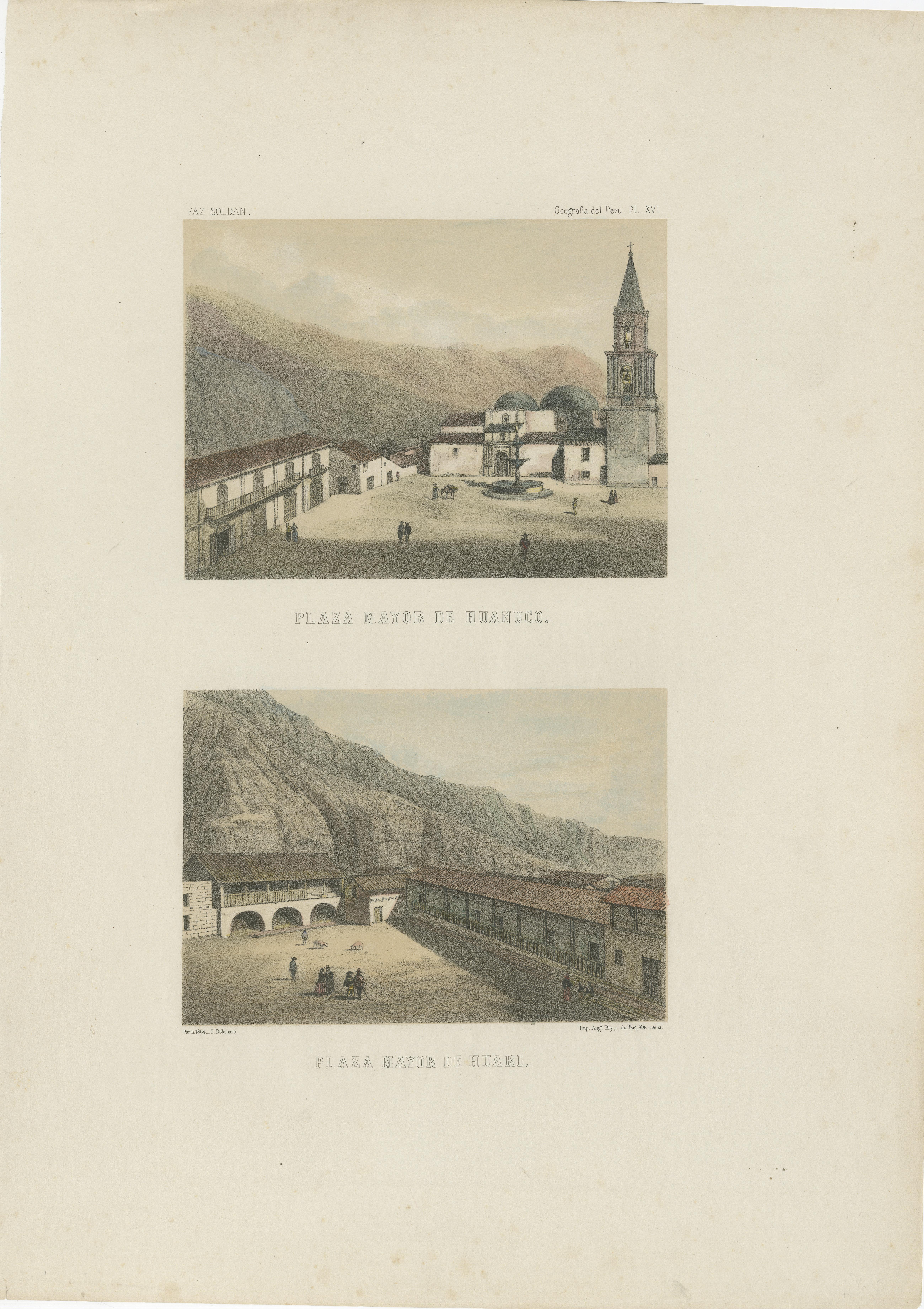 Handkolorierte lithografierte Ansichten von Huánuco & Huari, Peru - Plazas Mayores, 1865 im Angebot 1