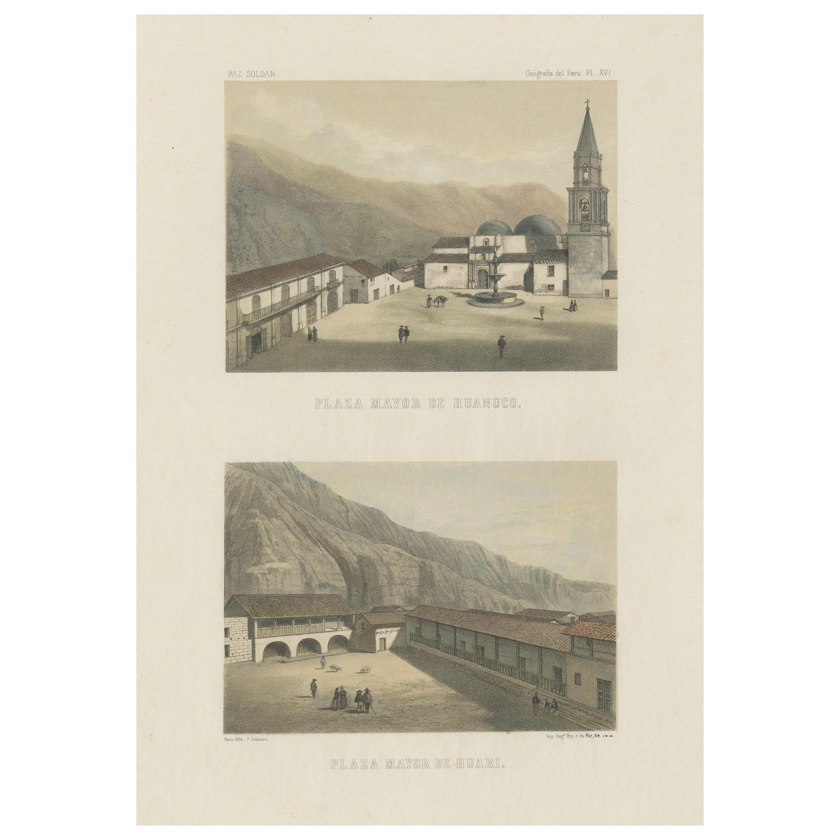 Vues lithographiques coloriées à la main de Huánuco & Huari, Pérou - Plazas Mayores, 1865