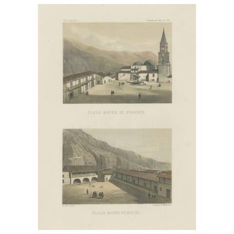 Hand-colored lithograph views of Huánuco & Huari, Peru – Plazas Mayores, 1865
