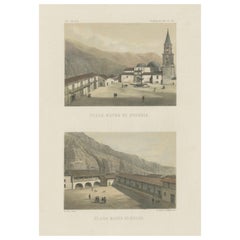 Vues lithographiques coloriées à la main de Huánuco & Huari, Pérou - Plazas Mayores, 1865